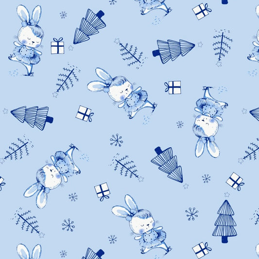 Blue Bunny Christmas Fabric