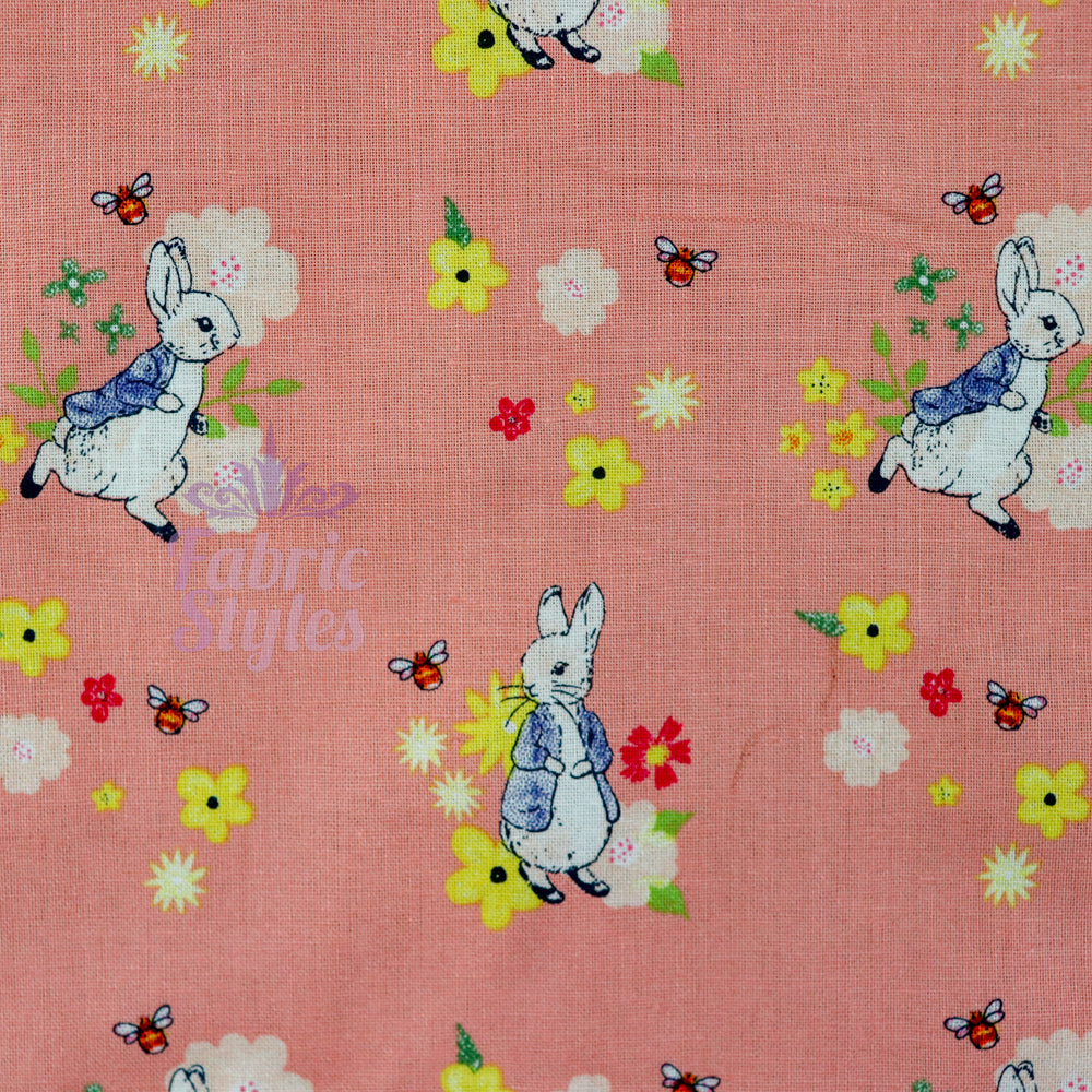 Peter Rabbit Floral Bees Coral Cotton Fabric 0.88 Metres