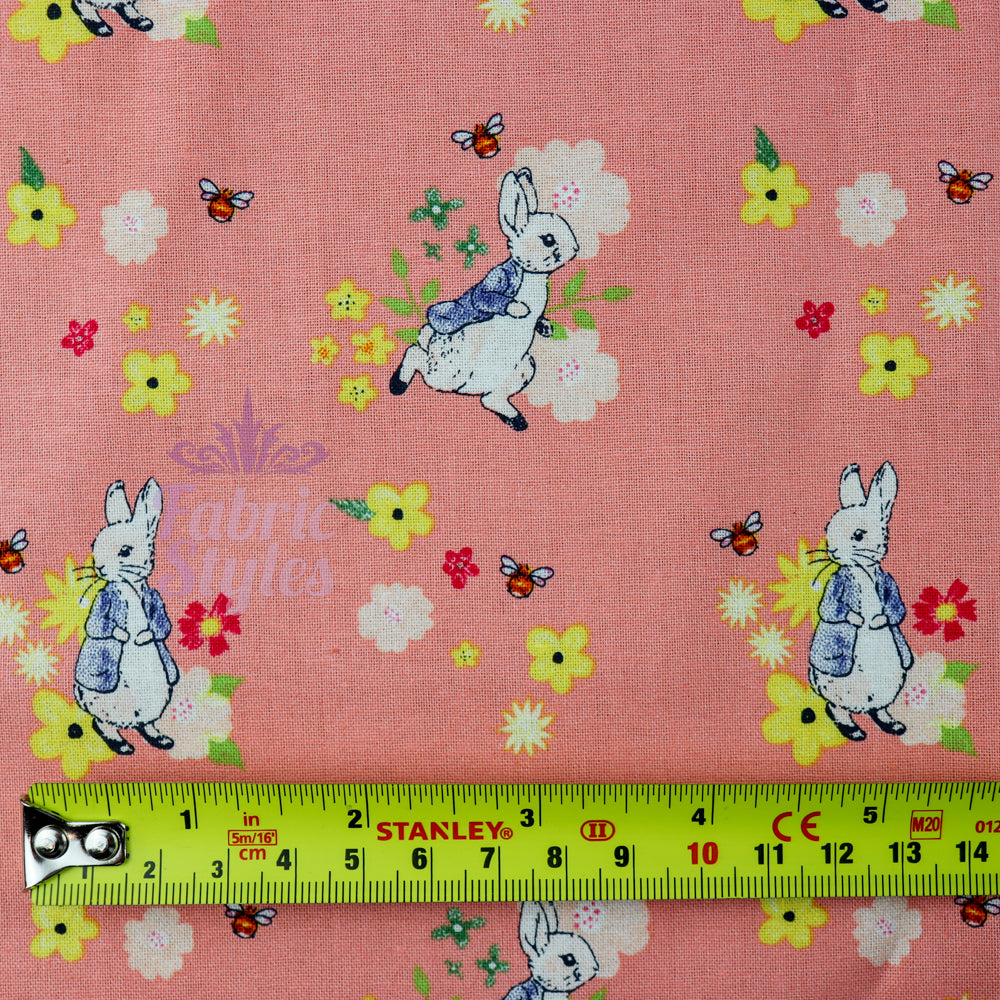 Peter Rabbit Floral Bees Coral Cotton Fabric 0.88 Metres