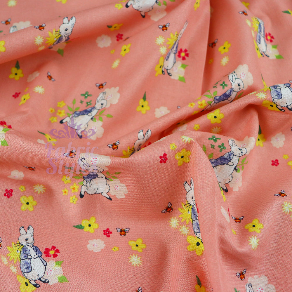 Peter Rabbit Floral Bees Coral Cotton Fabric 0.88 Metres