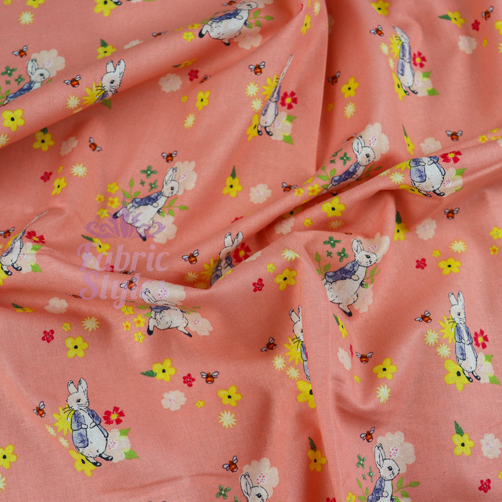 Peter Rabbit Floral Bees Coral Cotton Fabric 0.88 Metres