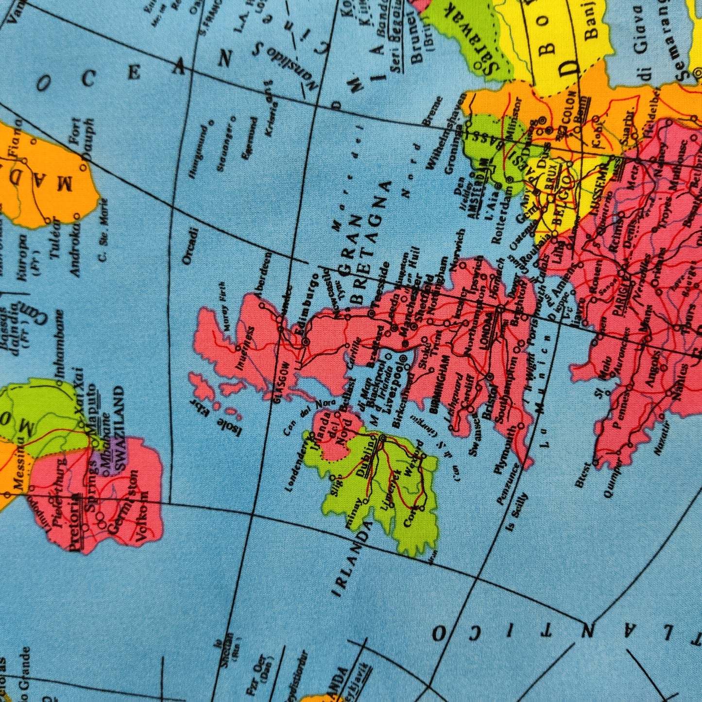 World Map Globe Print Cotton Fabric 0.3 Metres