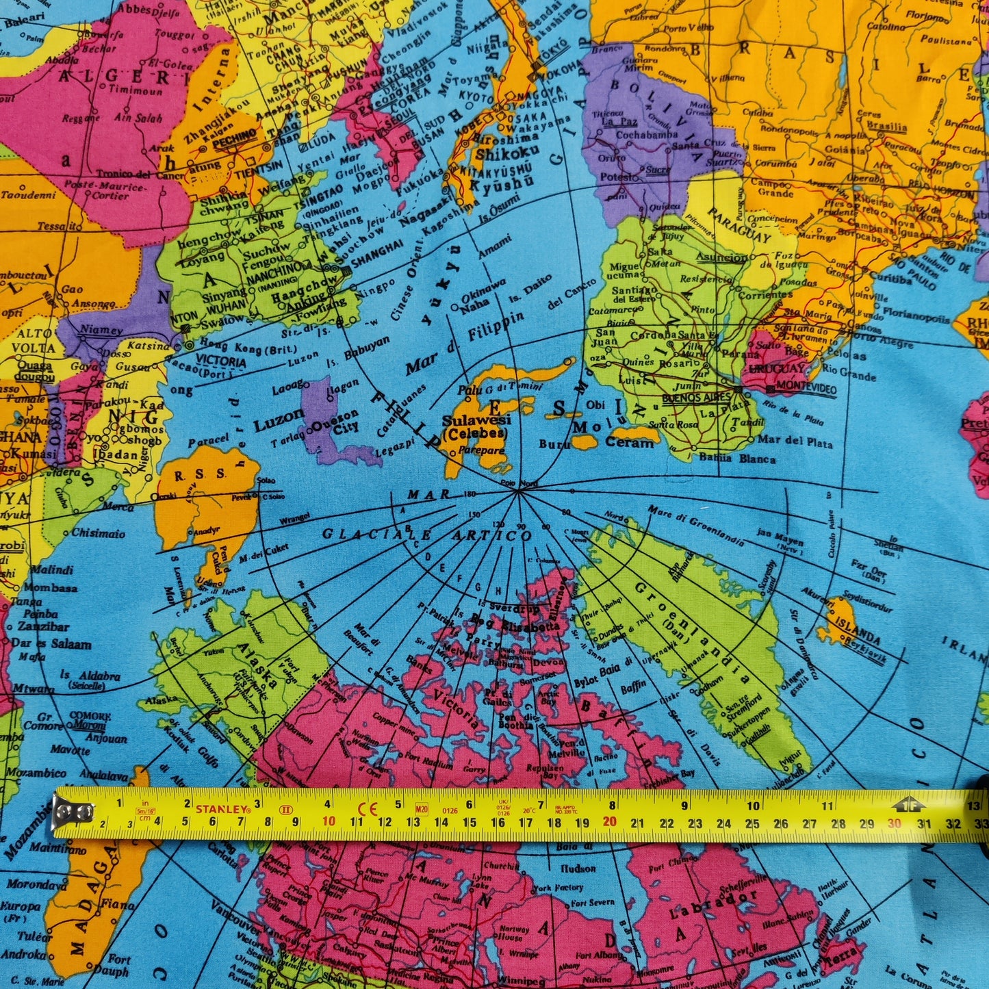 World Map Globe Print Cotton Fabric 0.3 Metres