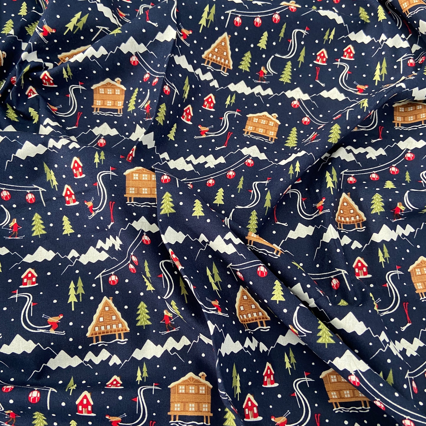 Xmas Ski Resort Navy Cotton Fabric 0.25 Metres