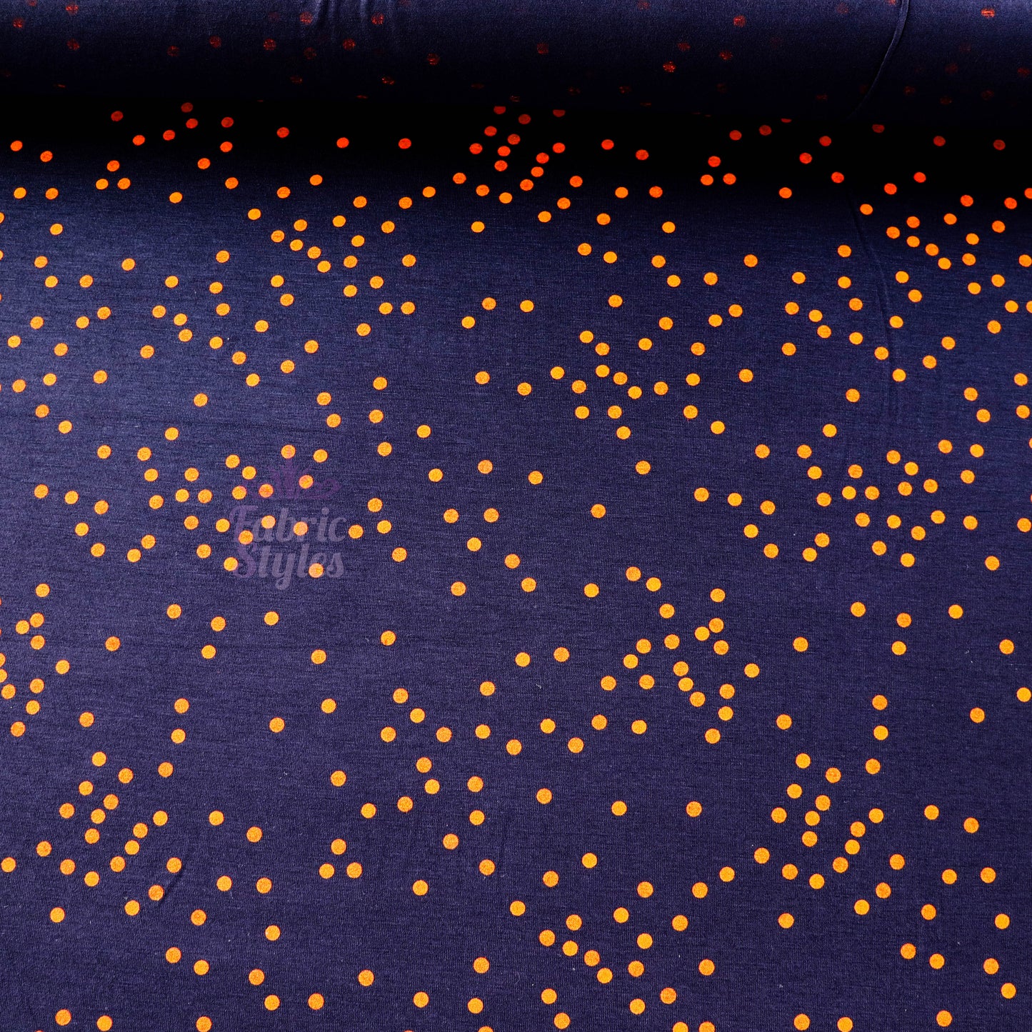 5mm Orange Polka Dot Navy Viscose Elastane Fabric