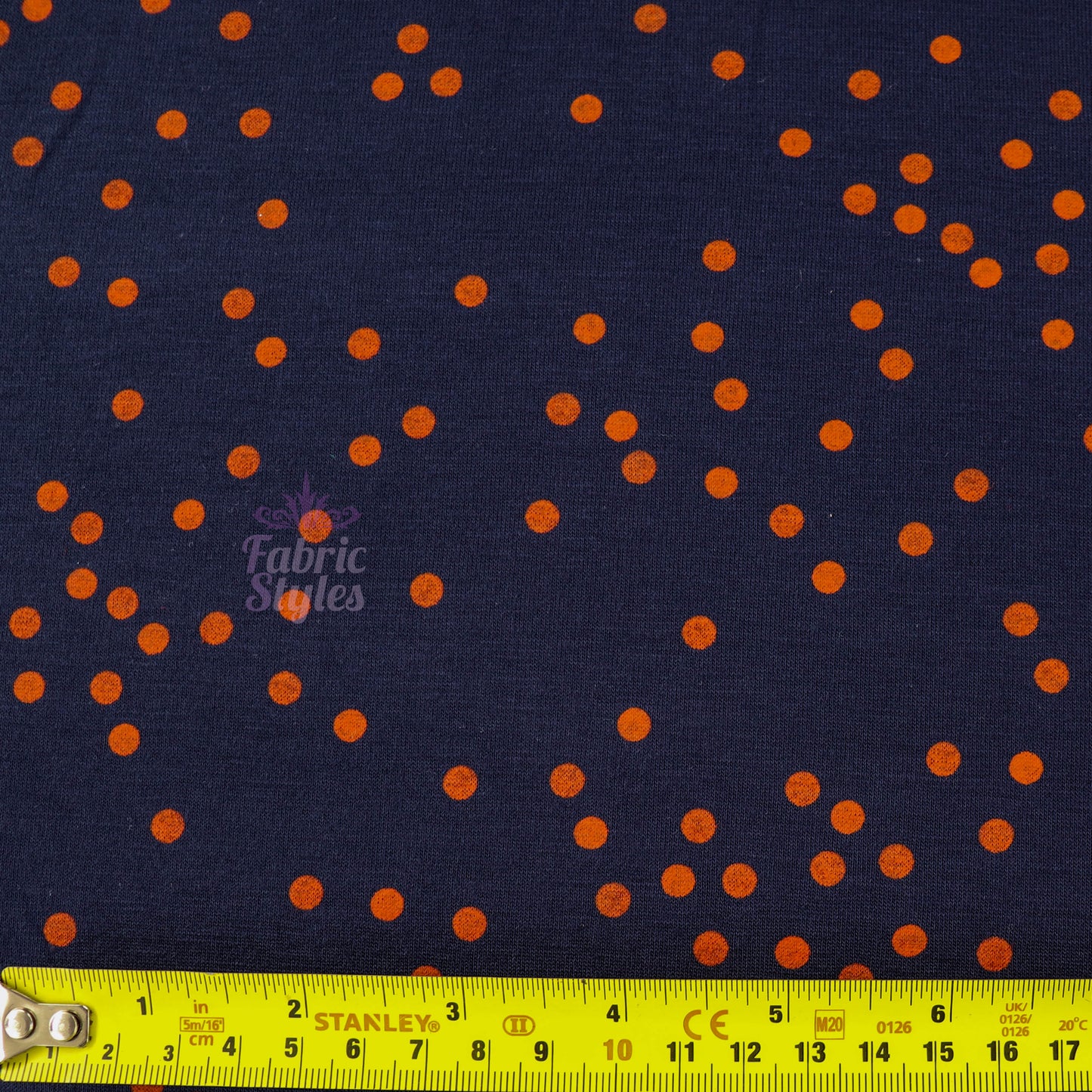 5mm Orange Polka Dot Navy Viscose Elastane Fabric