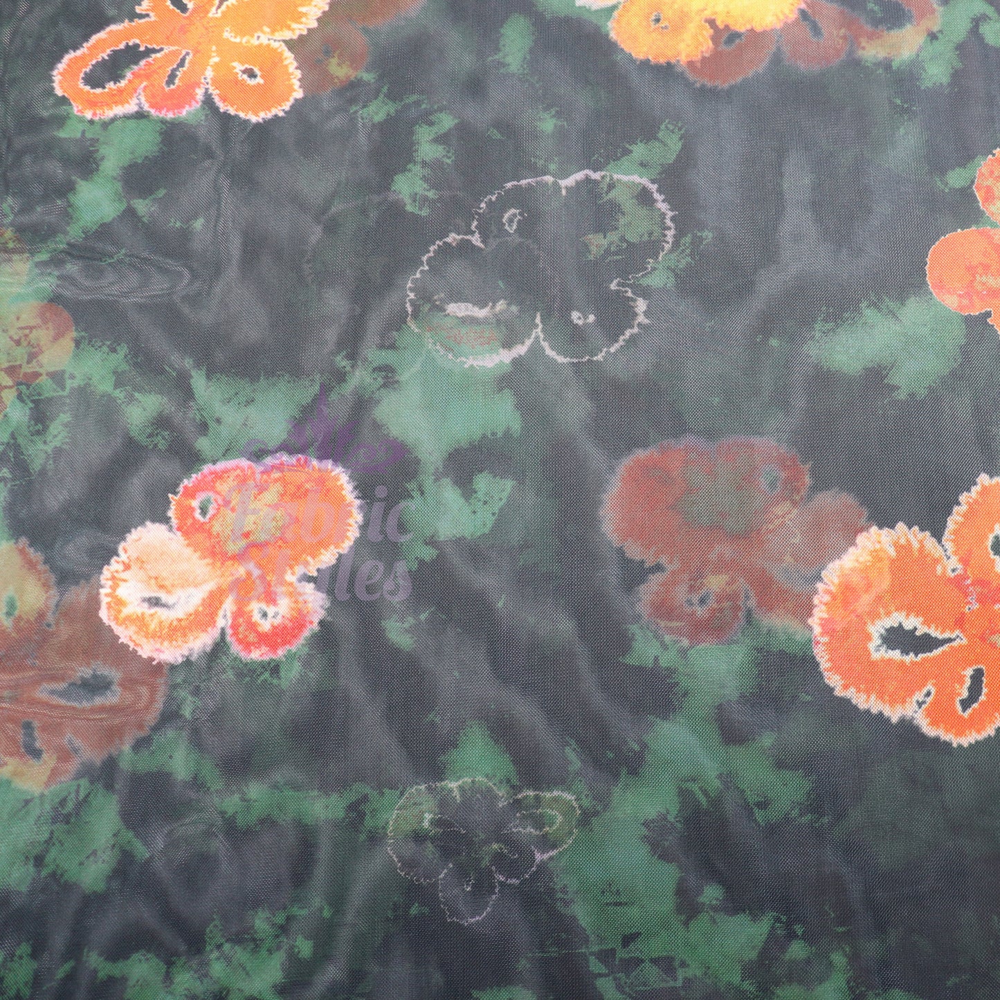 Green Tie Dye Orange Floral Power Mesh Fabric