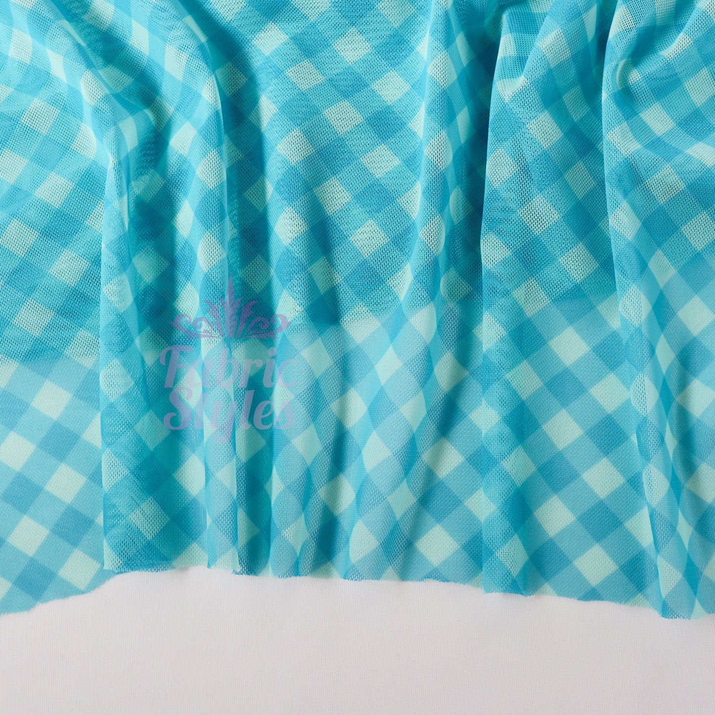 Blue Gingham Power Mesh Fabric