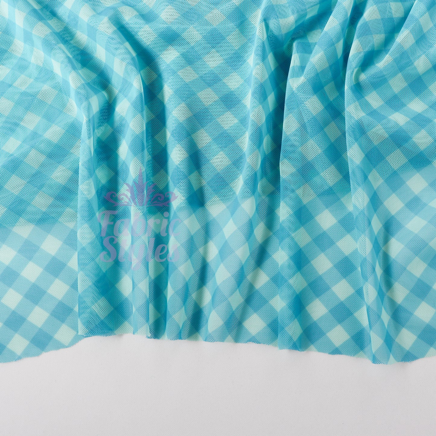 Blue Gingham Power Mesh Fabric