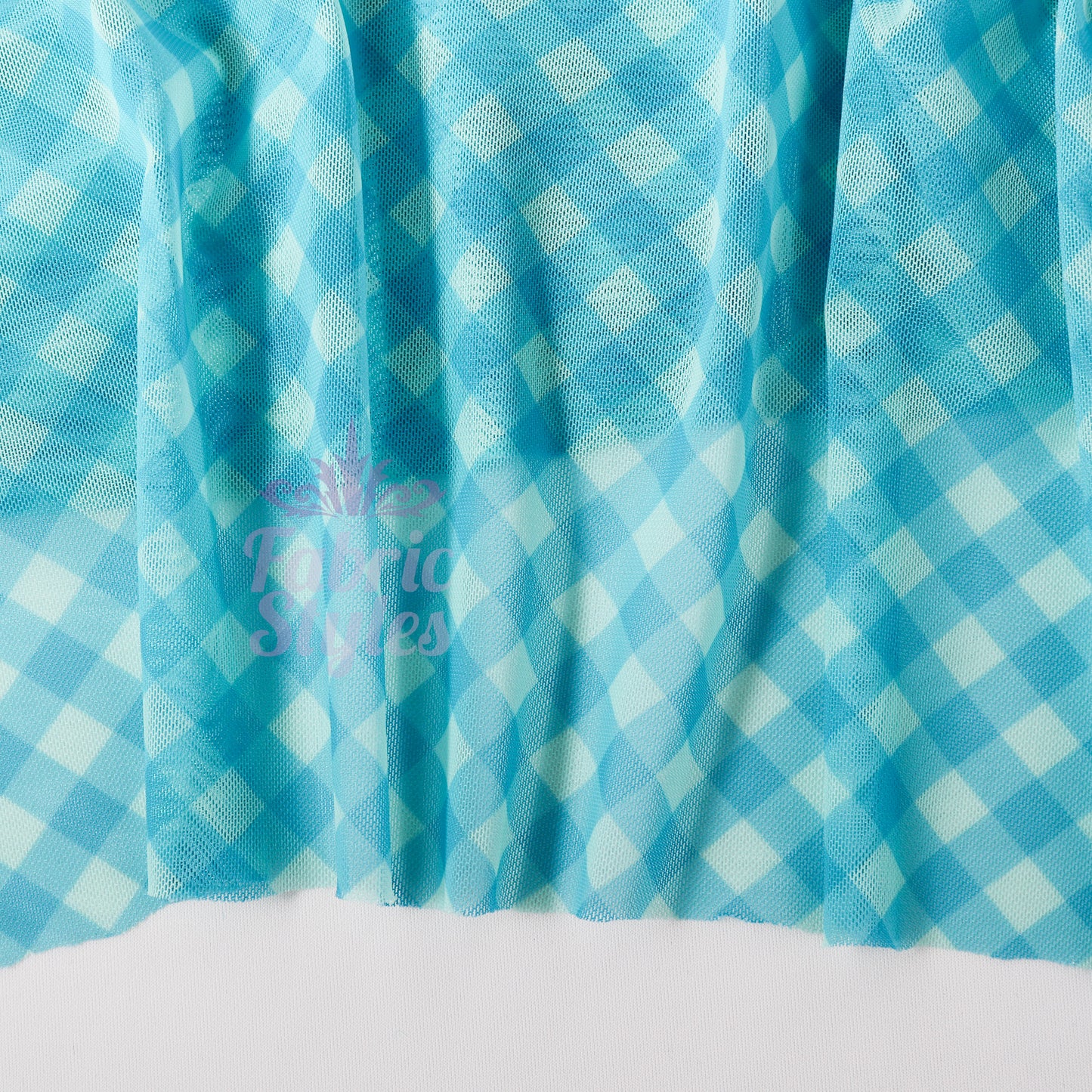 Blue Gingham Power Mesh Fabric