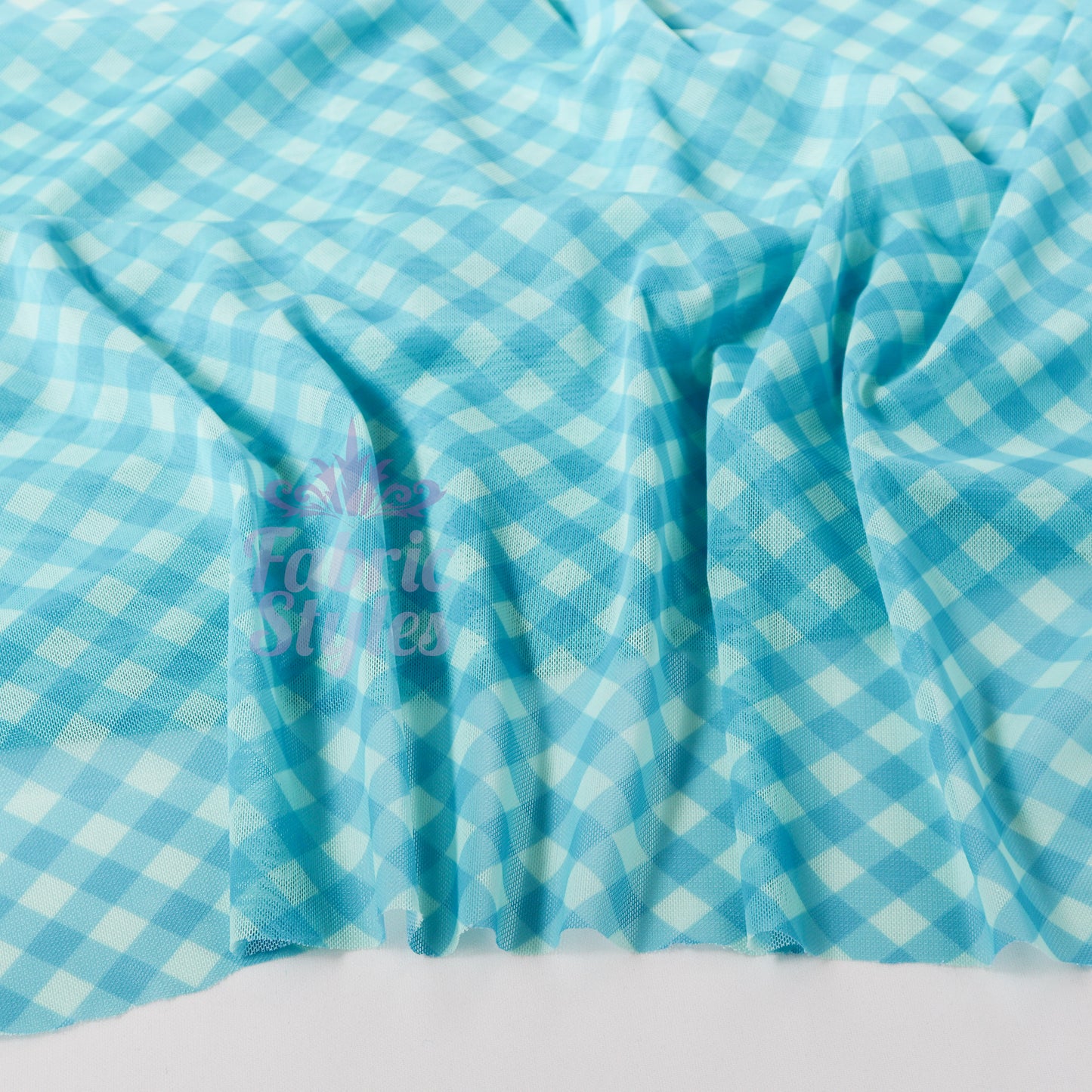 Blue Gingham Power Mesh Fabric