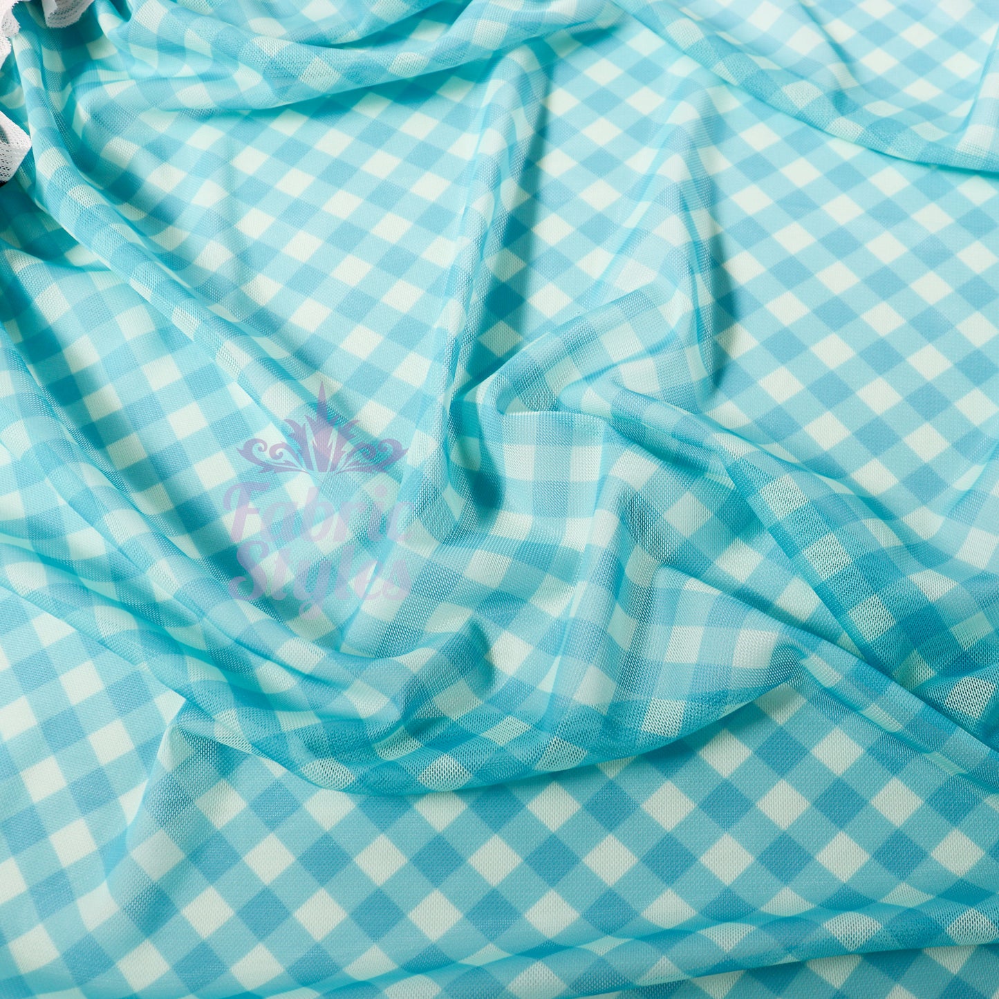Blue Gingham Power Mesh Fabric