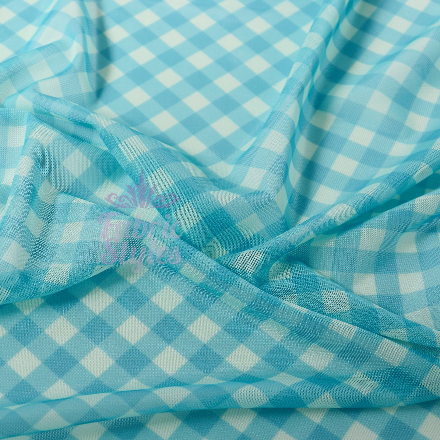 Blue Gingham Power Mesh Fabric