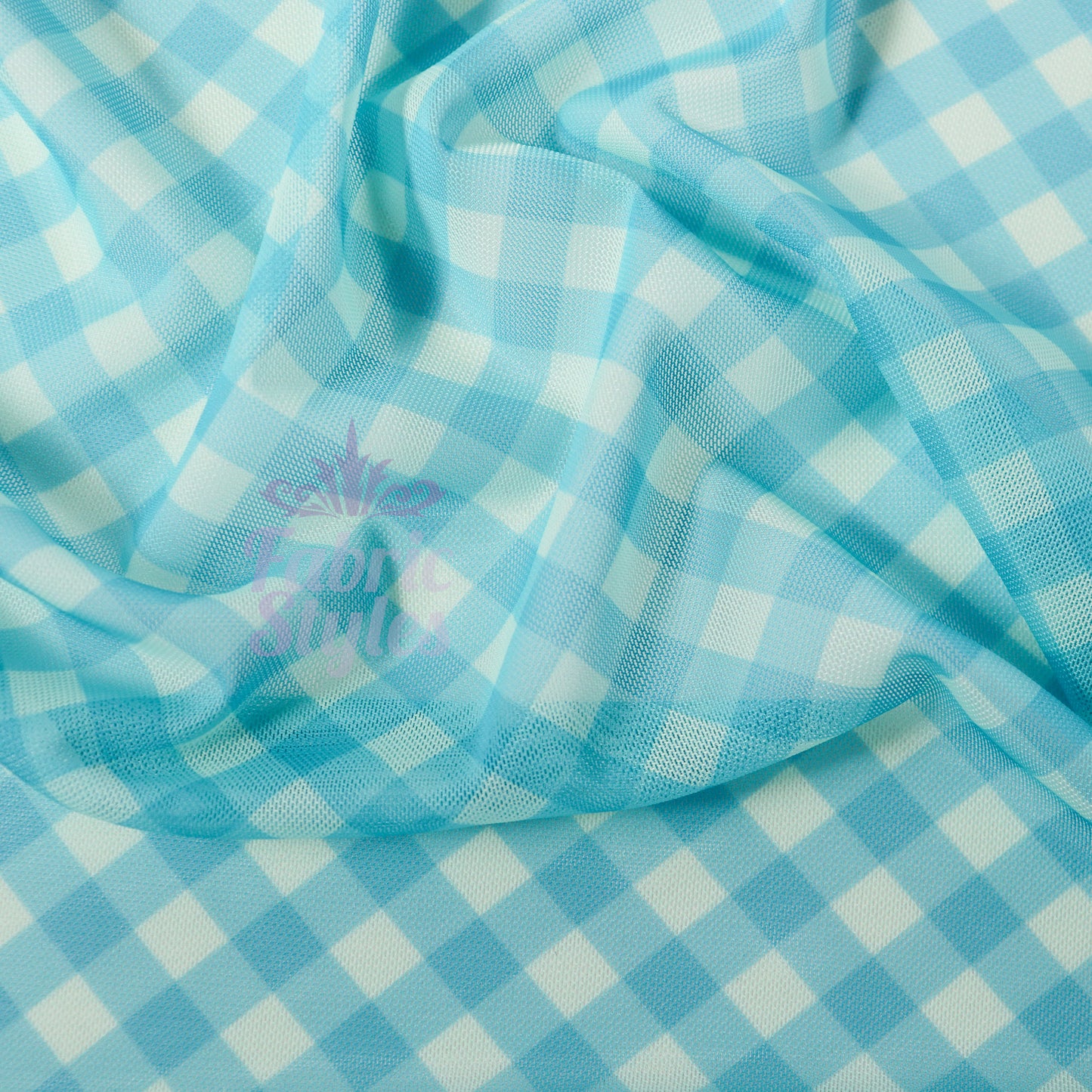 Blue Gingham Power Mesh Fabric