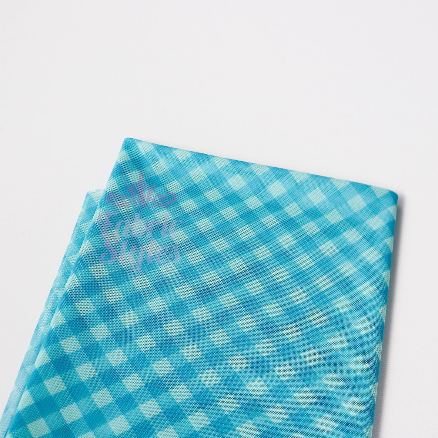 Blue Gingham Power Mesh Fabric