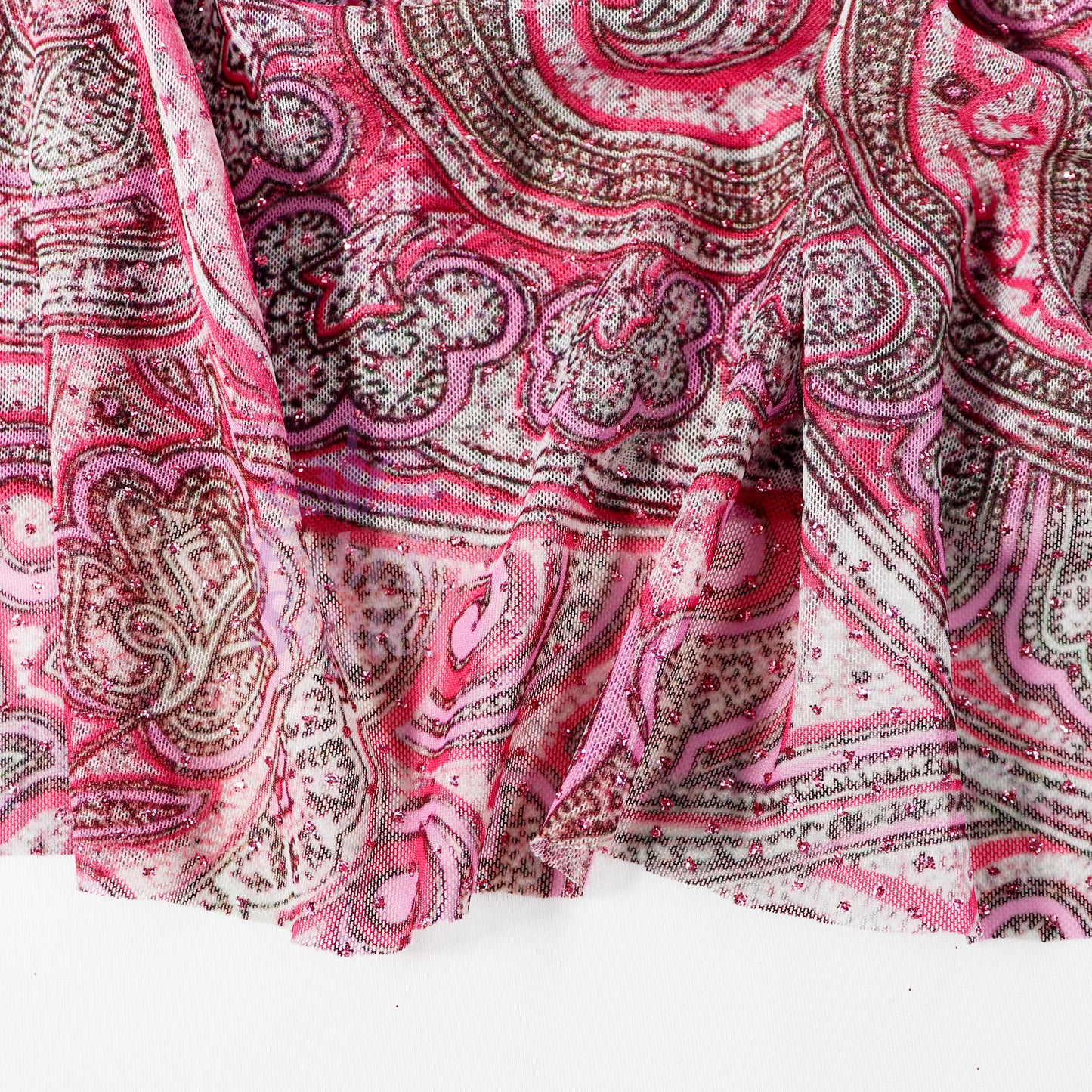 Red Glitter Paisley Power Mesh Fabric