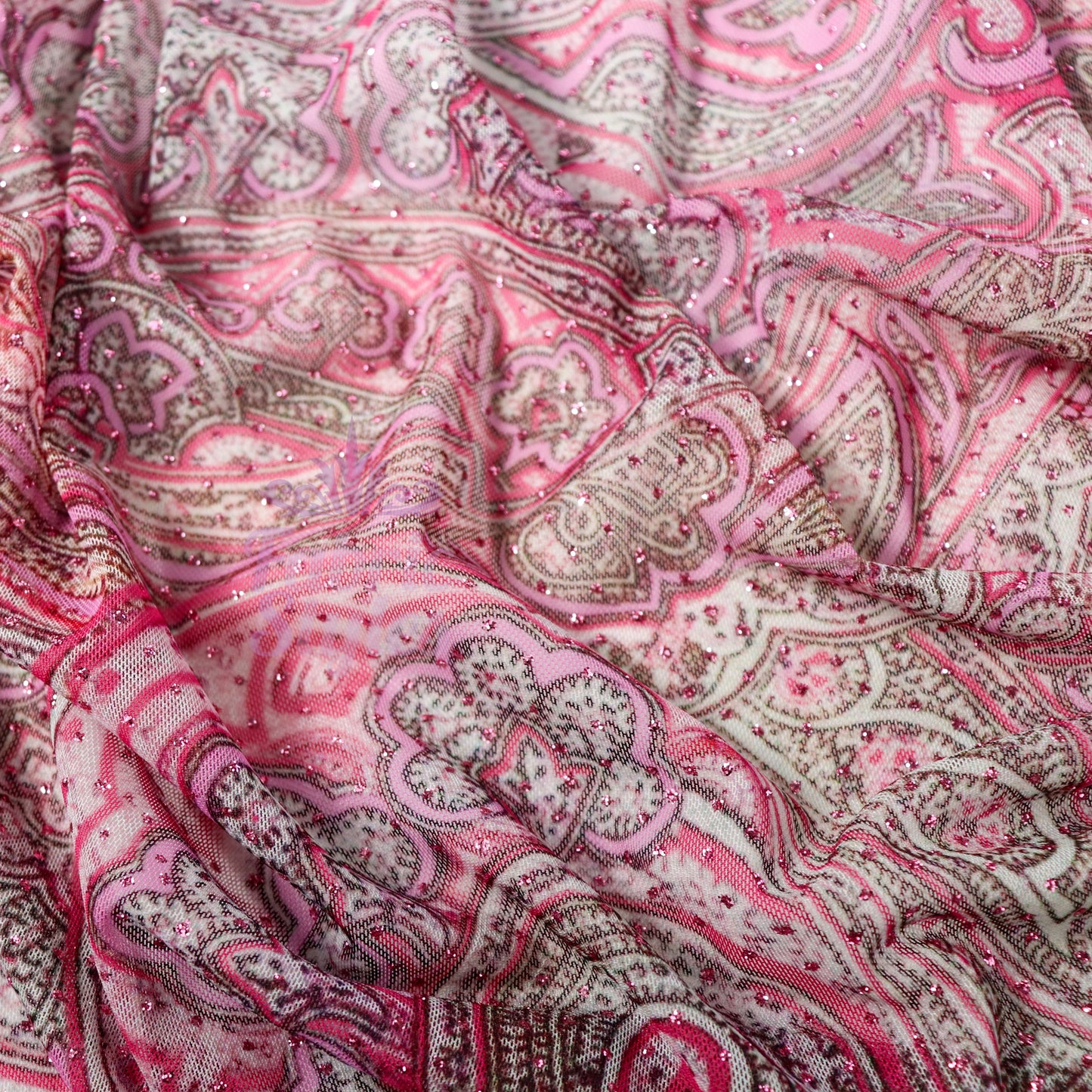 Red Glitter Paisley Power Mesh Fabric