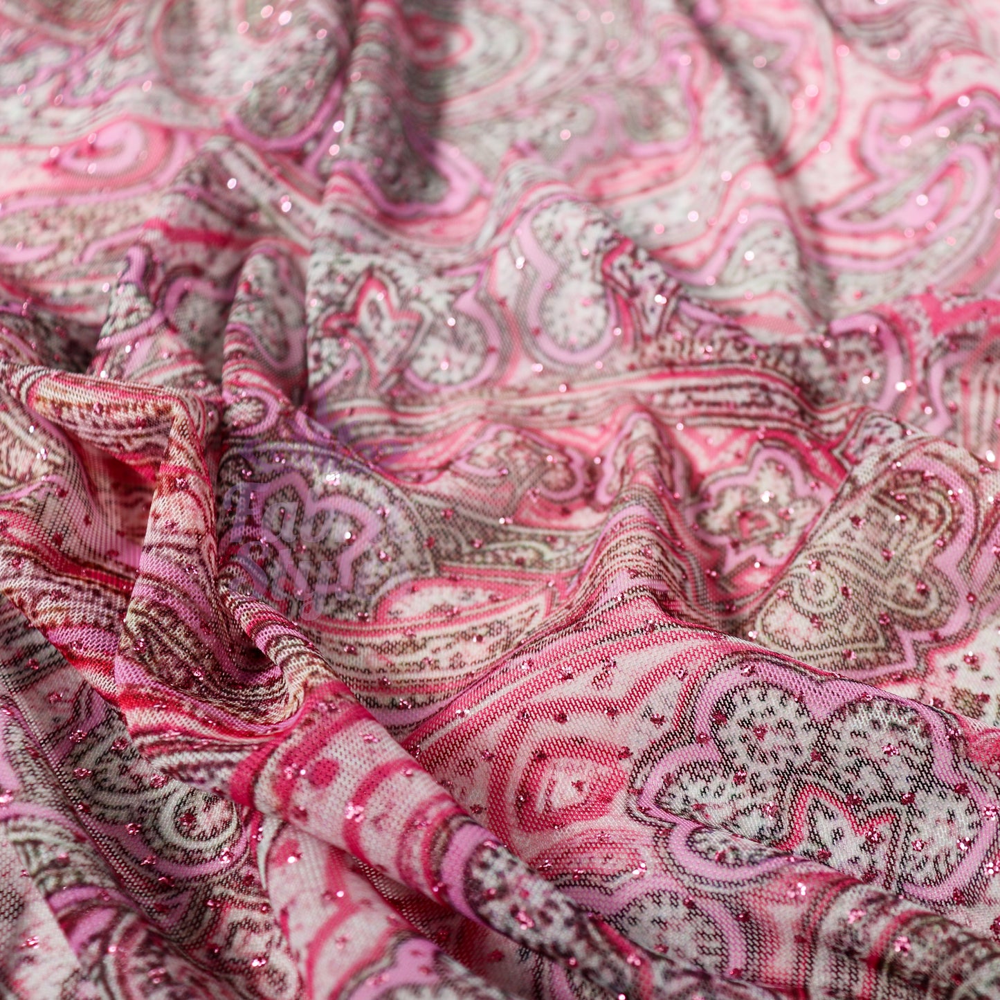 Red Glitter Paisley Power Mesh Fabric