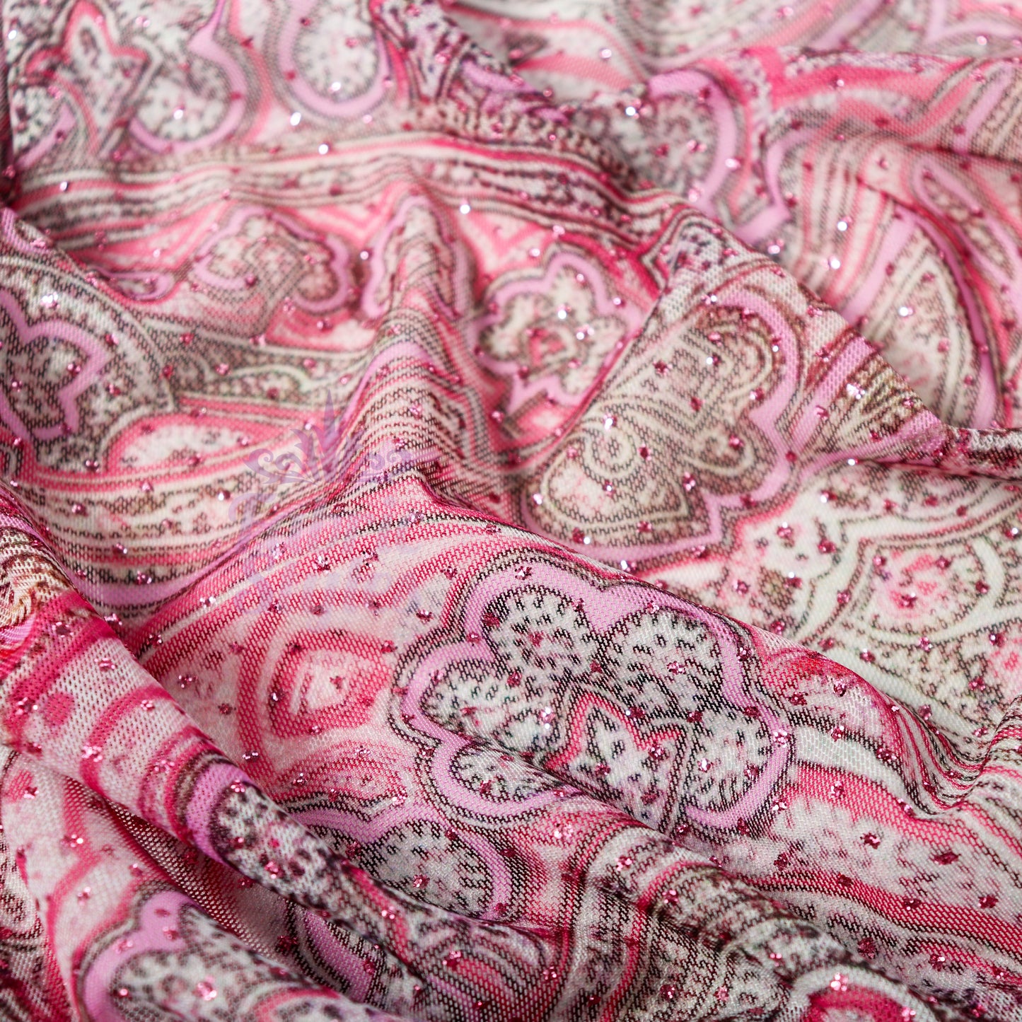 Red Glitter Paisley Power Mesh Fabric