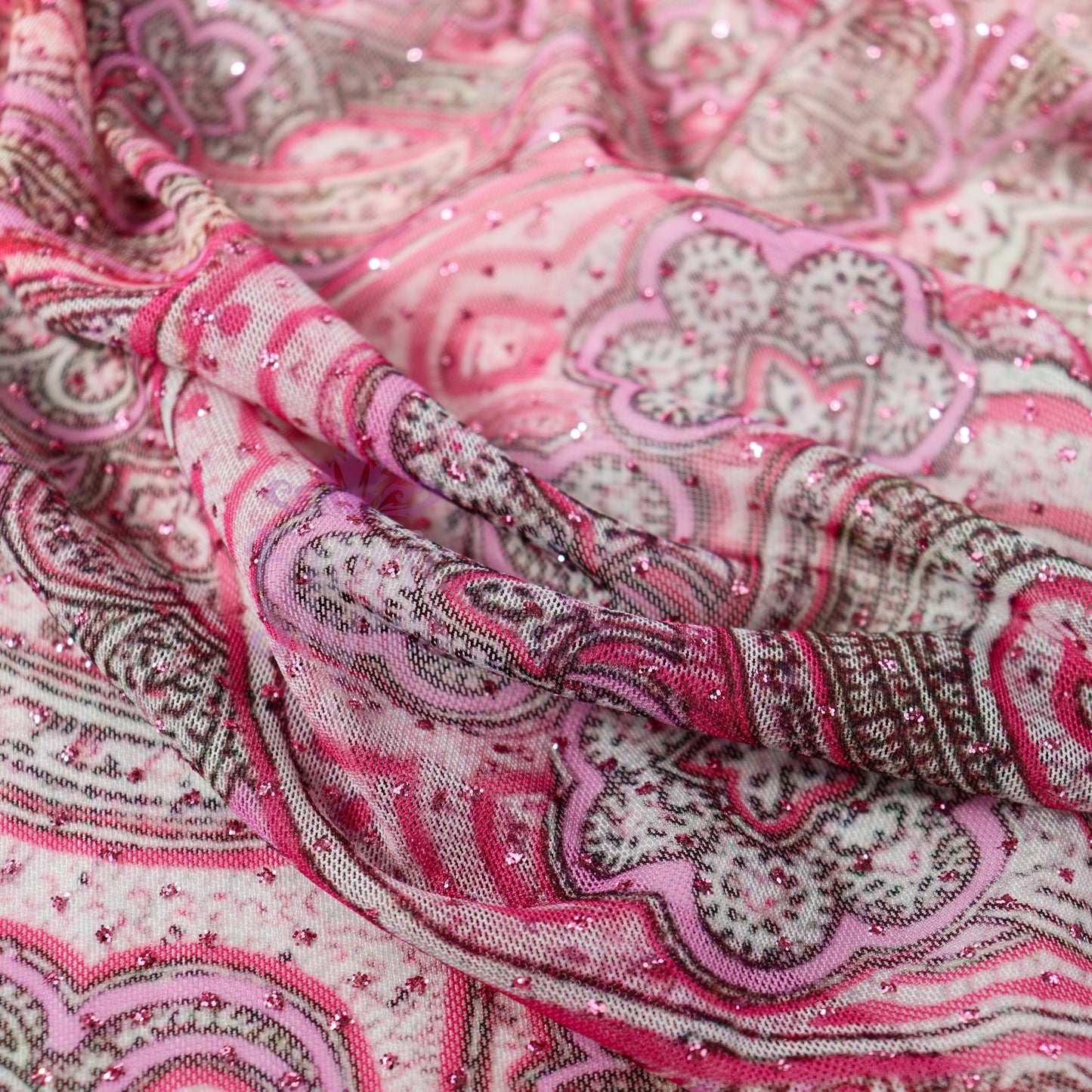 Red Glitter Paisley Power Mesh Fabric