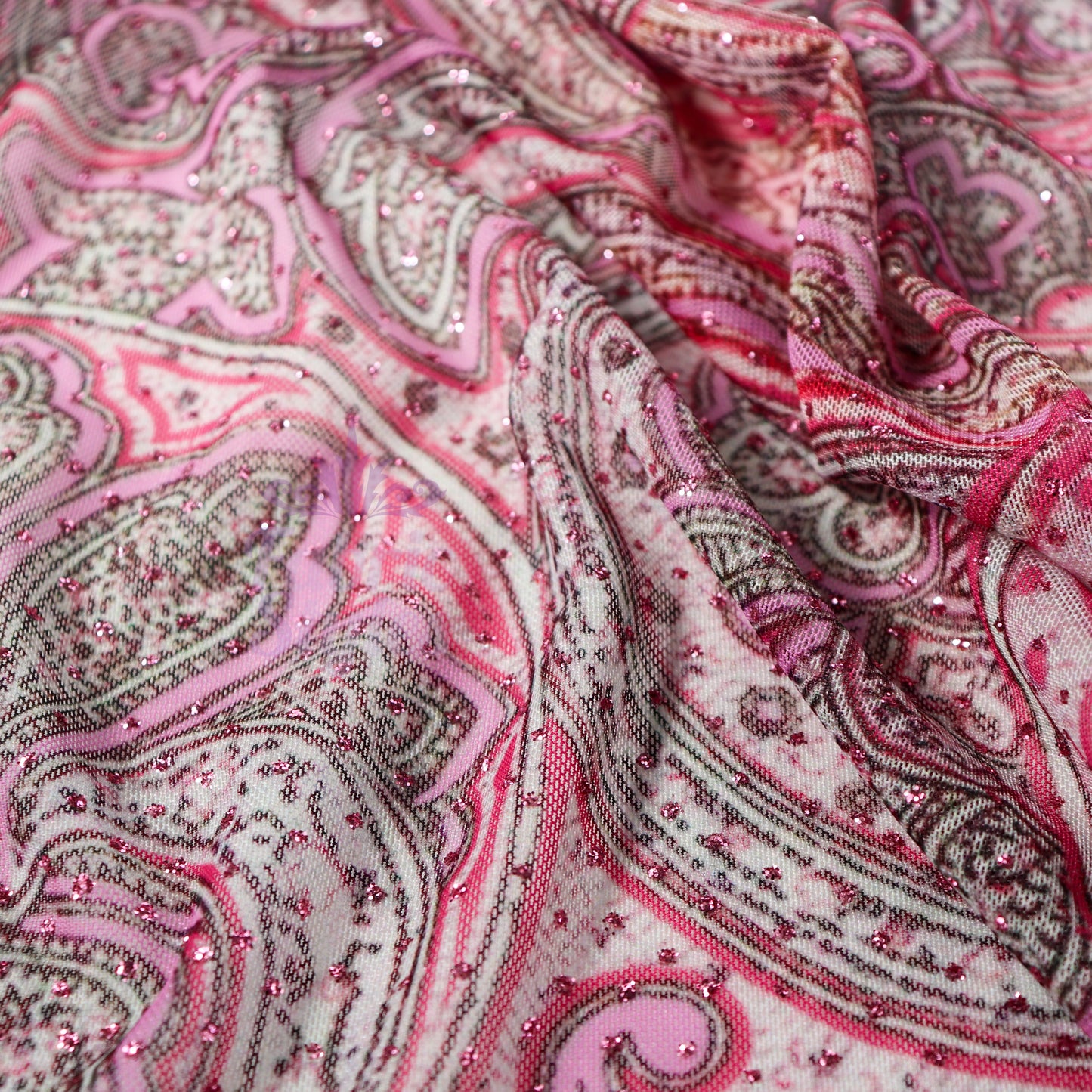Red Glitter Paisley Power Mesh Fabric