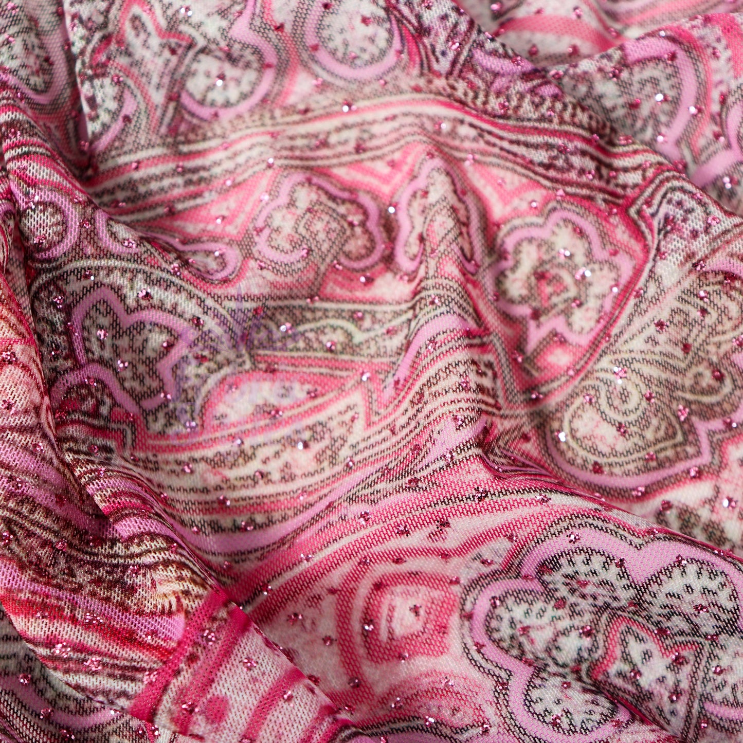 Red Glitter Paisley Power Mesh Fabric