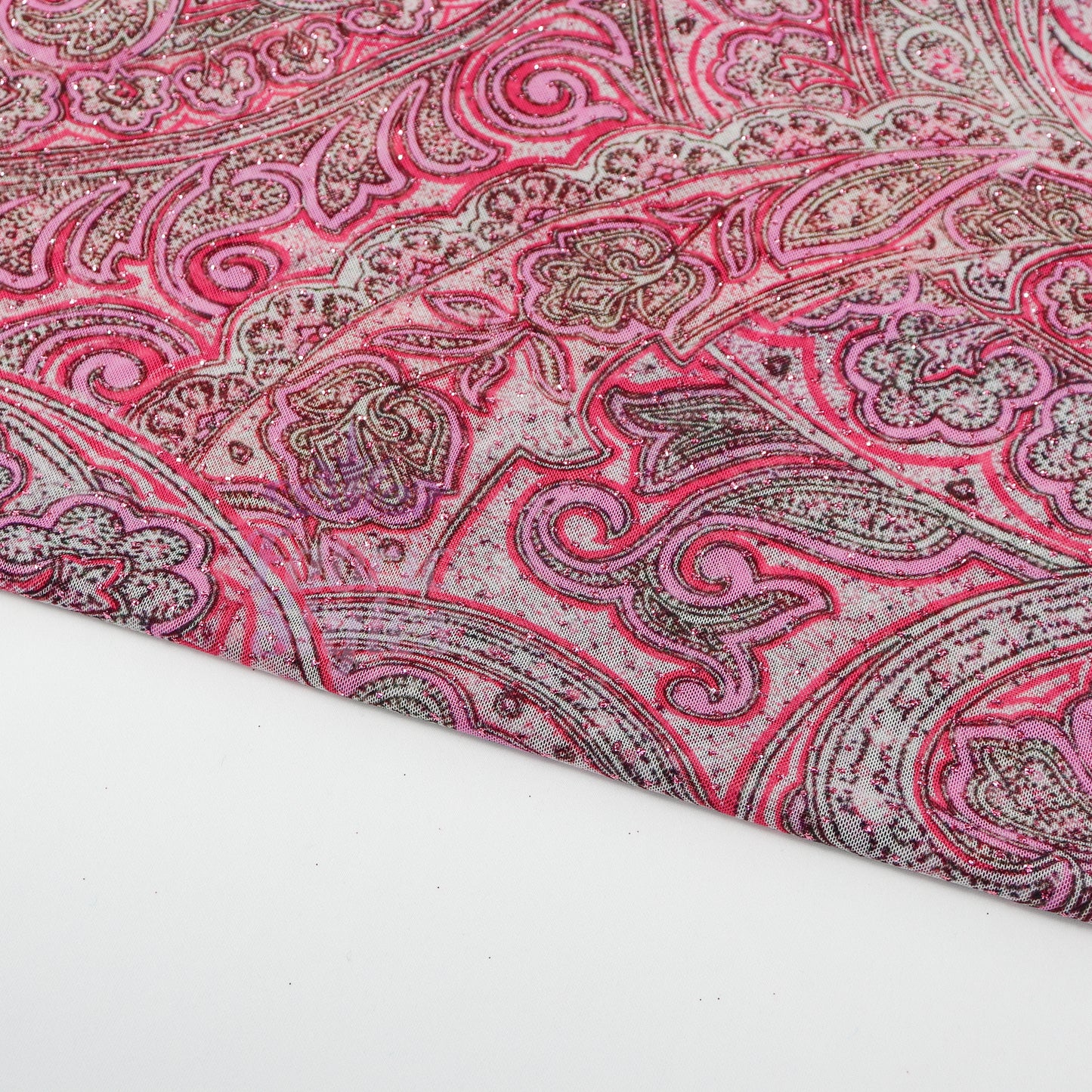 Red Glitter Paisley Power Mesh Fabric