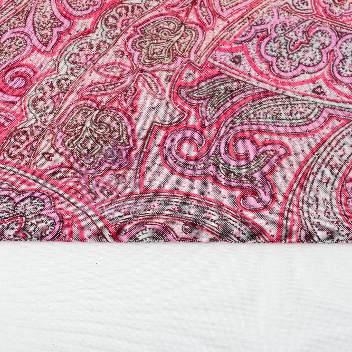 Red Glitter Paisley Power Mesh Fabric