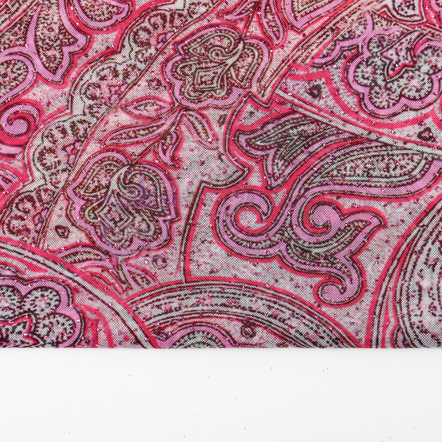 Red Glitter Paisley Power Mesh Fabric