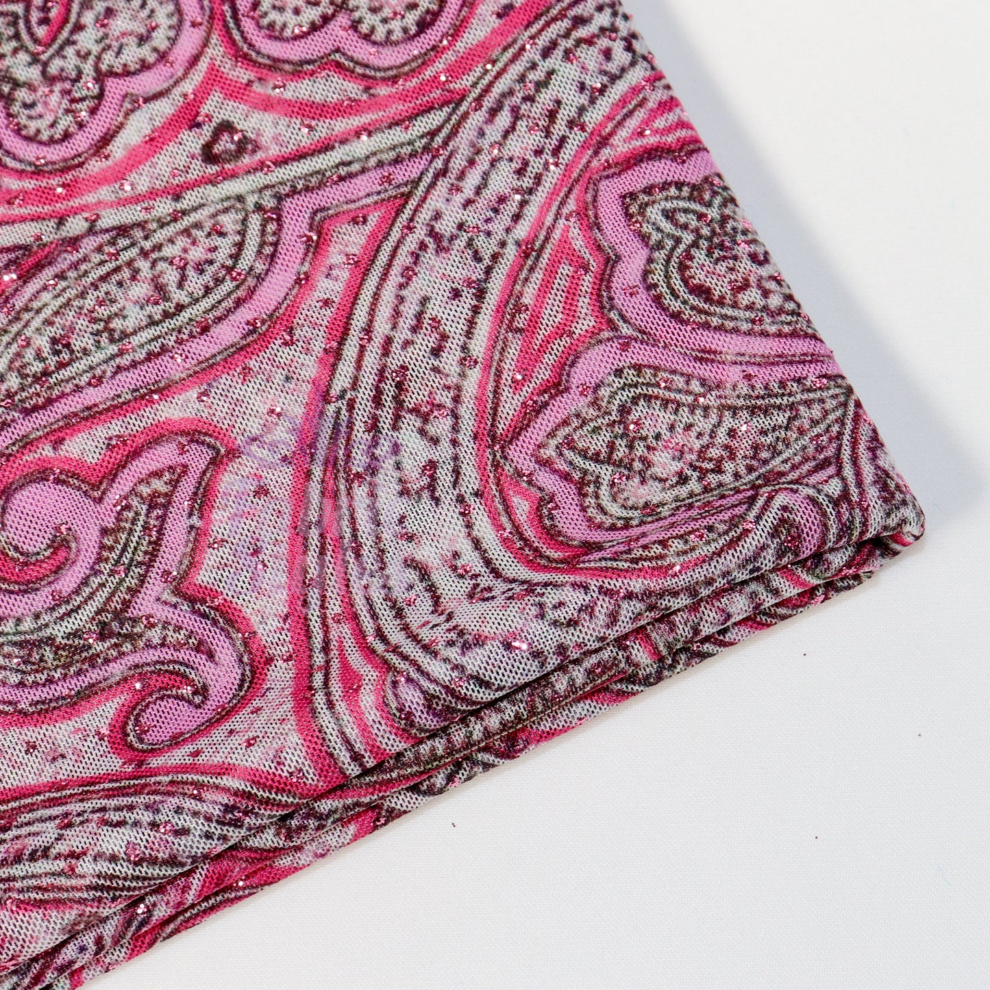 Red Glitter Paisley Power Mesh Fabric