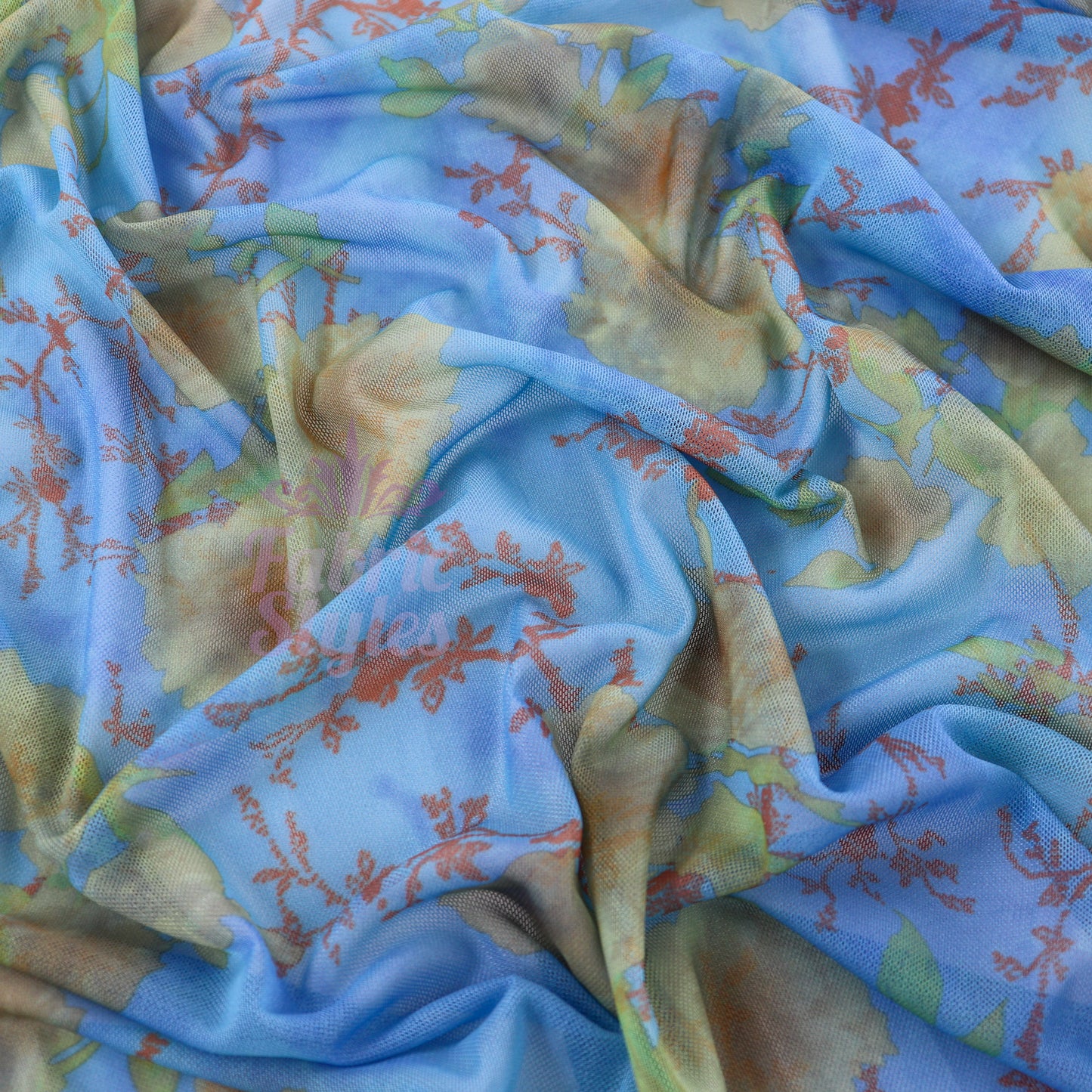Blue Floral Power Mesh Fabric