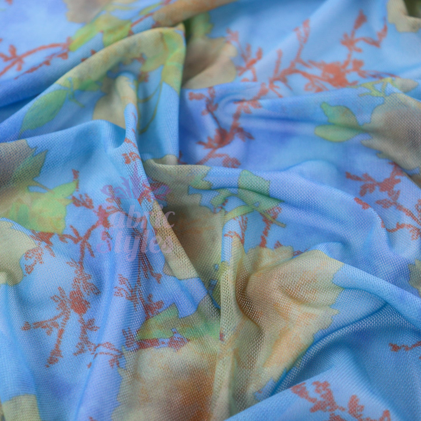 Blue Floral Power Mesh Fabric