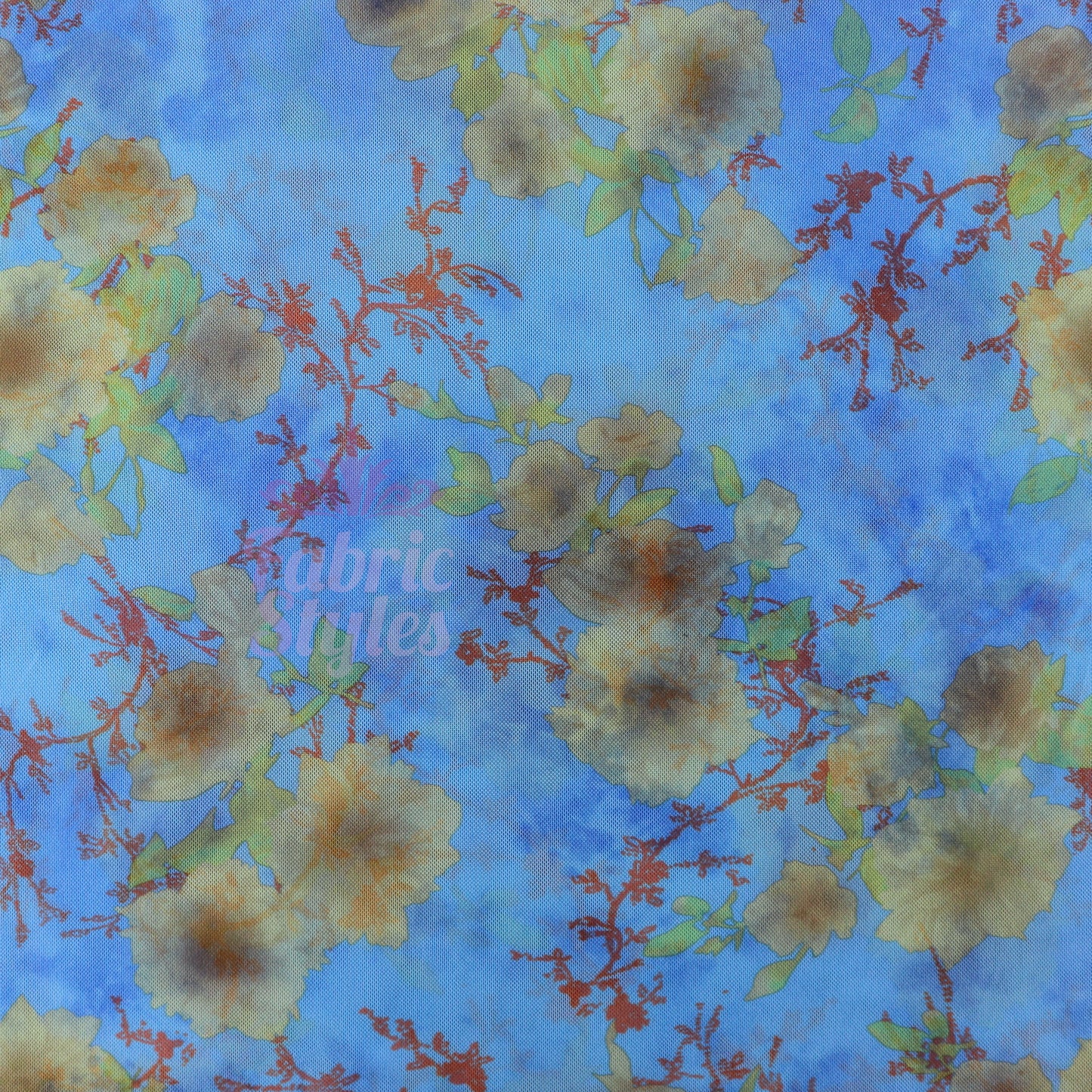 Blue Floral Power Mesh Fabric
