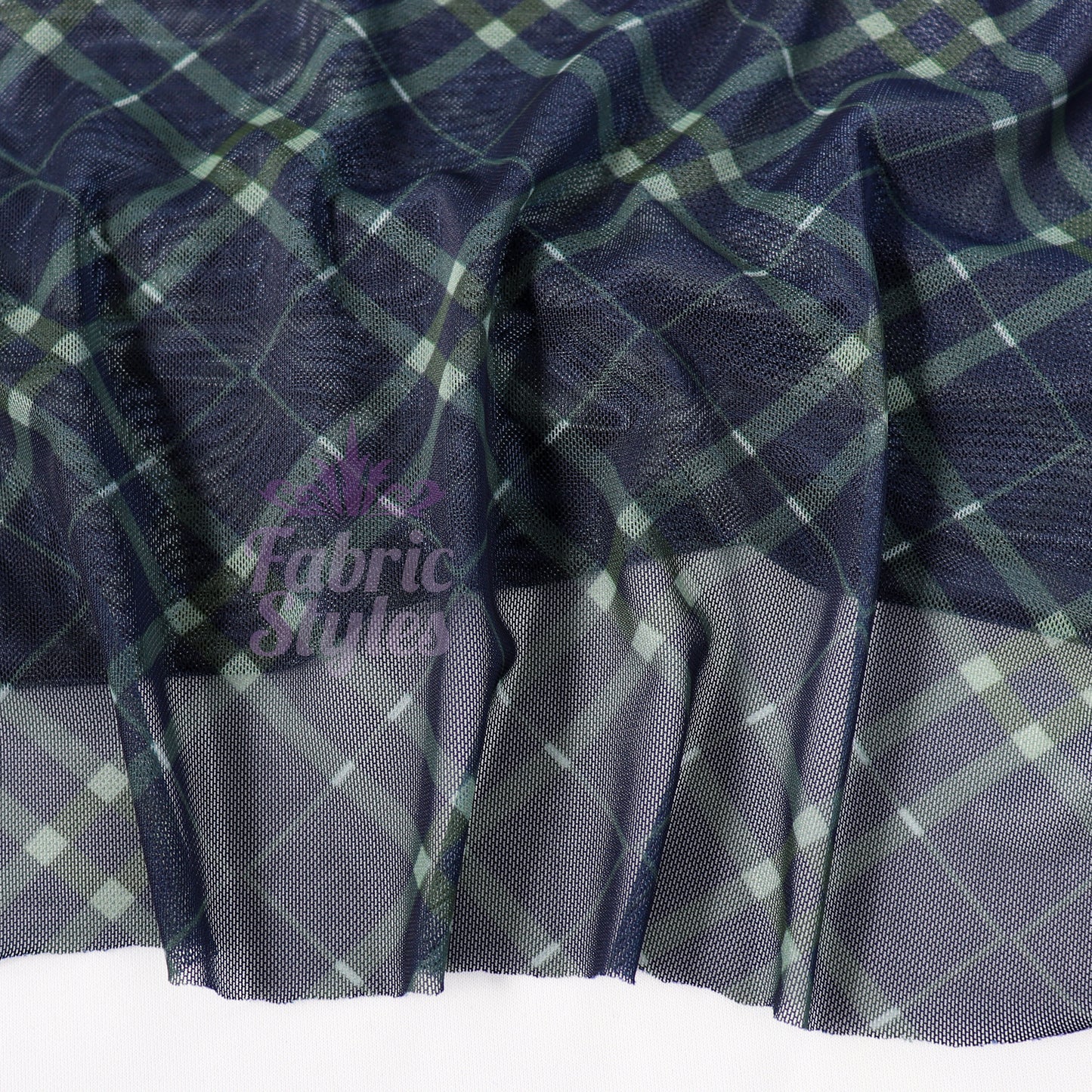 Navy Khaki Tartan Power Mesh Fabric