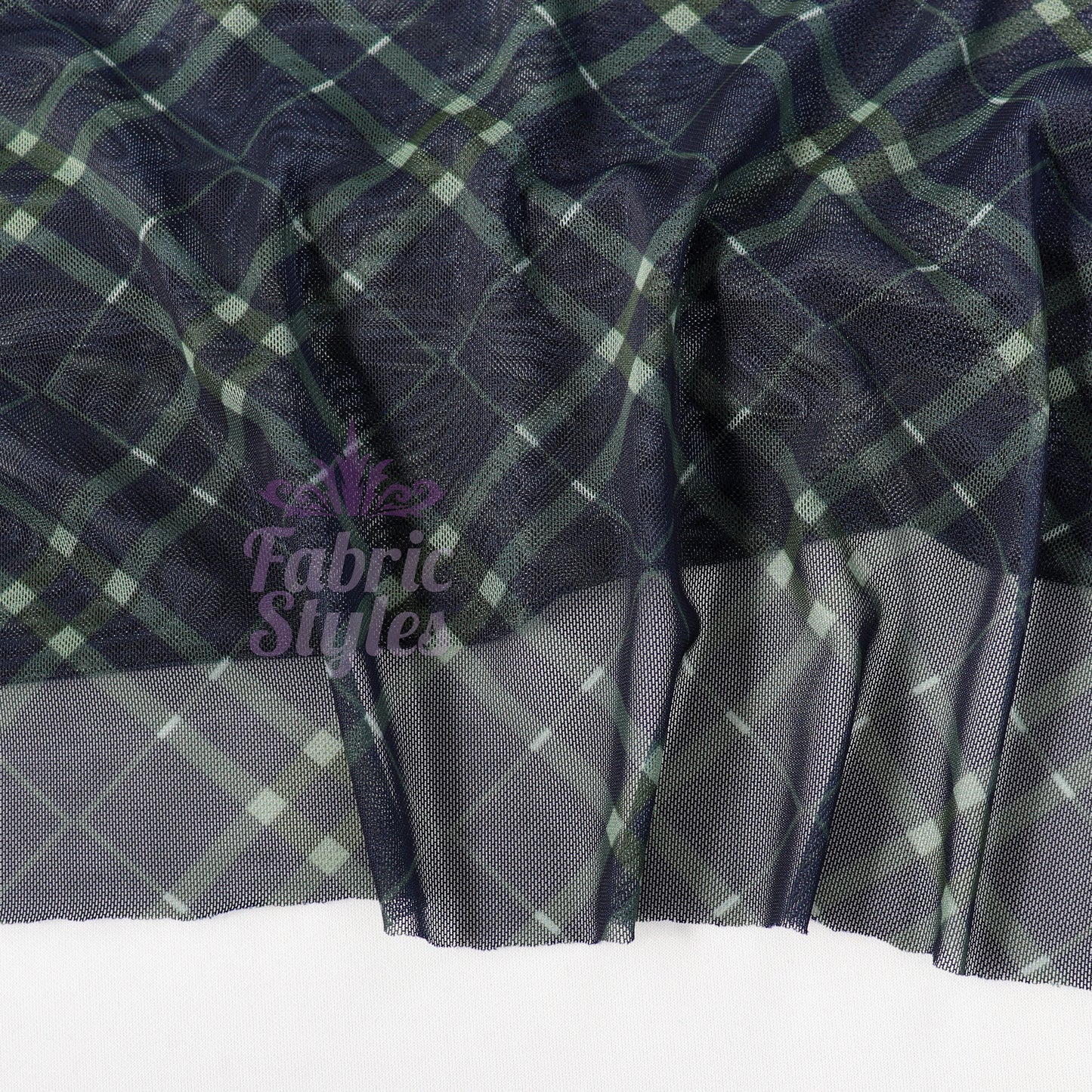 Navy Khaki Tartan Power Mesh Fabric