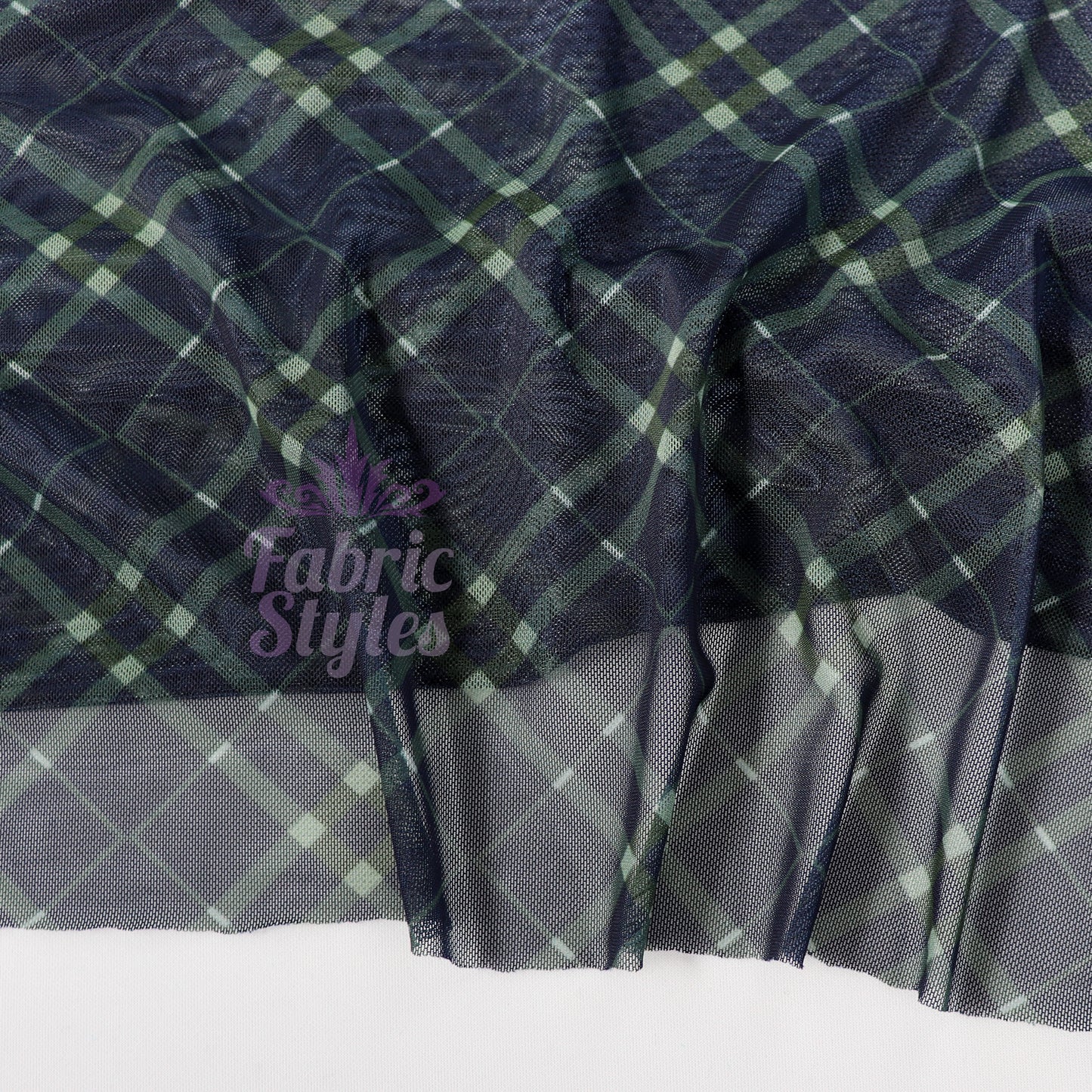 Navy Khaki Tartan Power Mesh Fabric