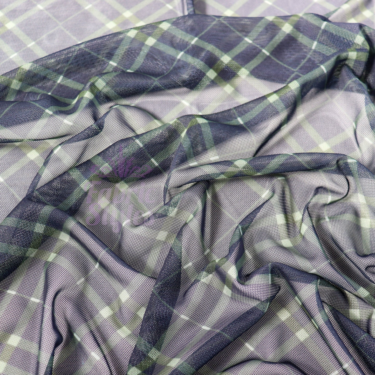 Navy Khaki Tartan Power Mesh Fabric