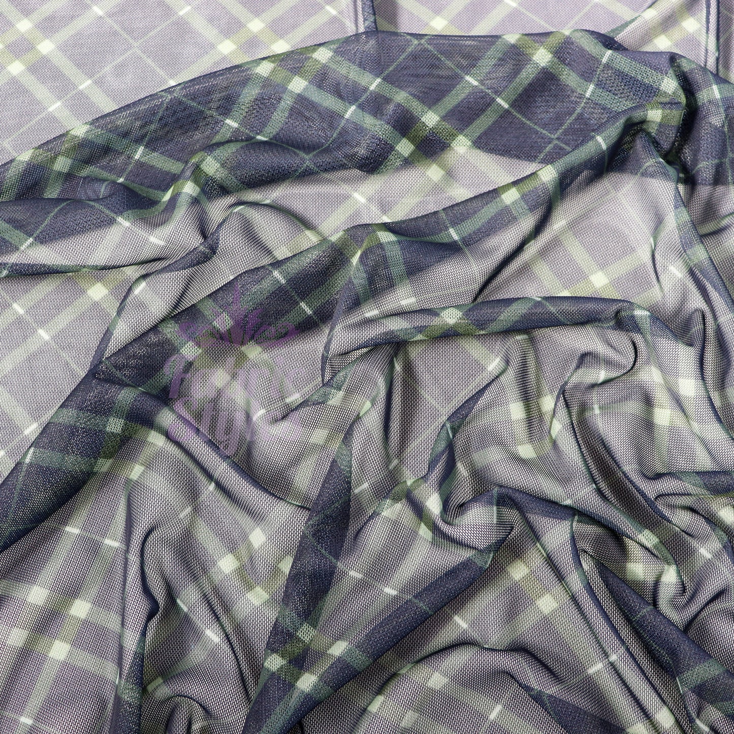 Navy Khaki Tartan Power Mesh Fabric