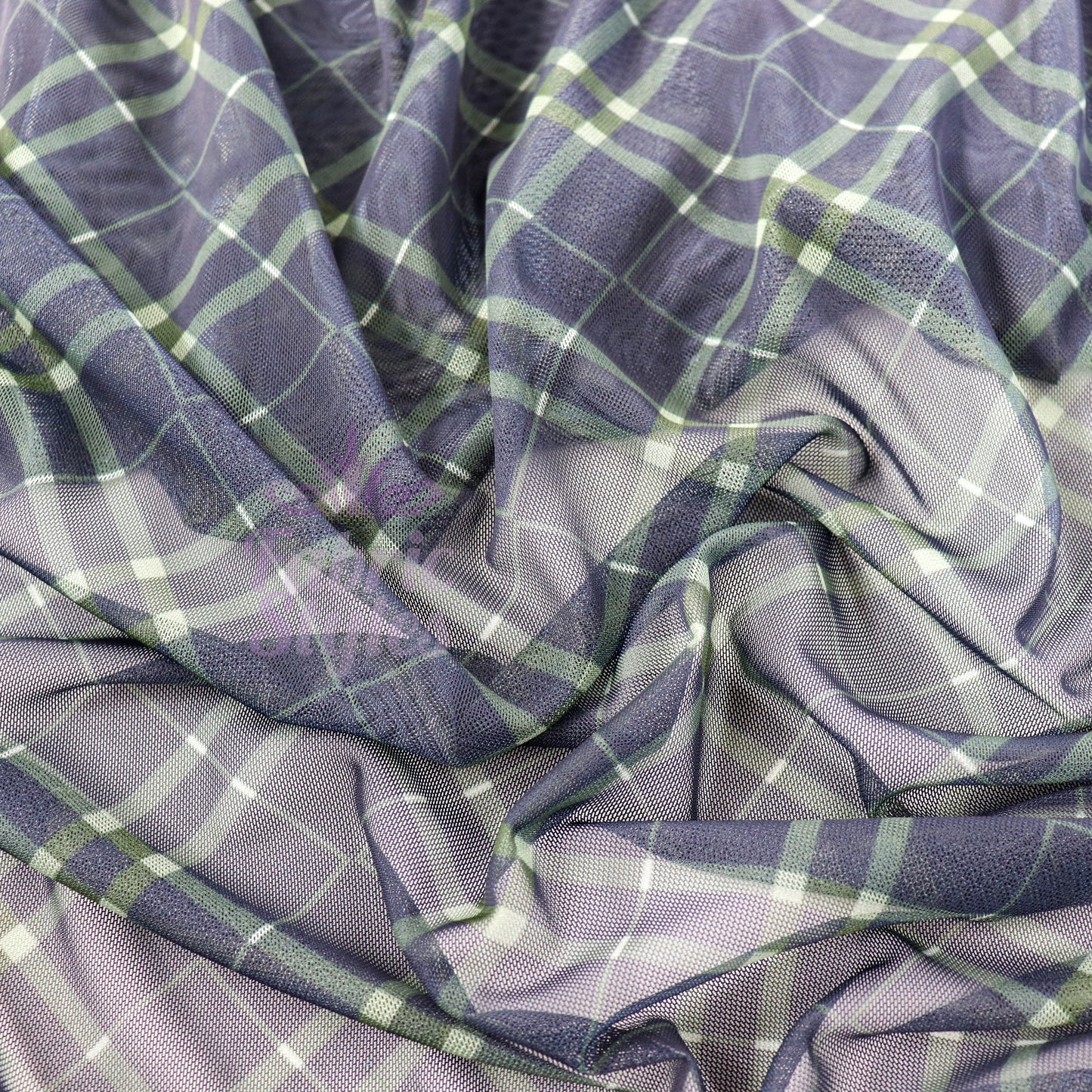 Navy Khaki Tartan Power Mesh Fabric