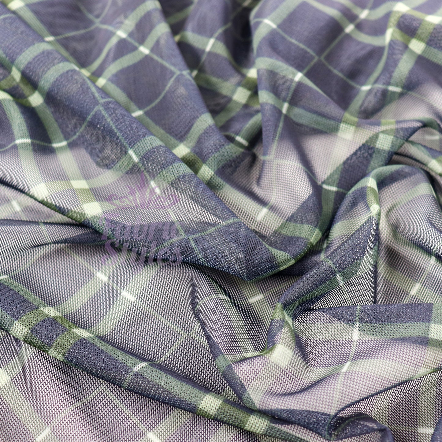 Navy Khaki Tartan Power Mesh Fabric
