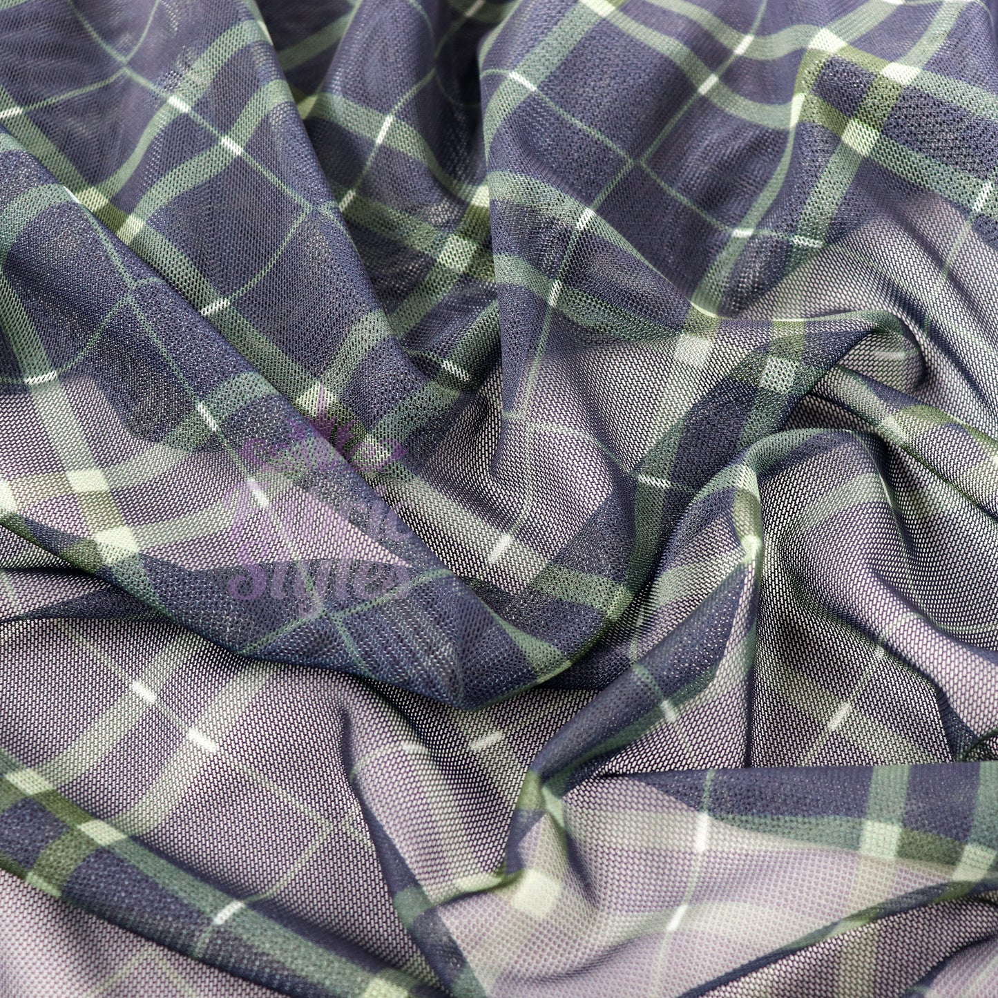 Navy Khaki Tartan Power Mesh Fabric