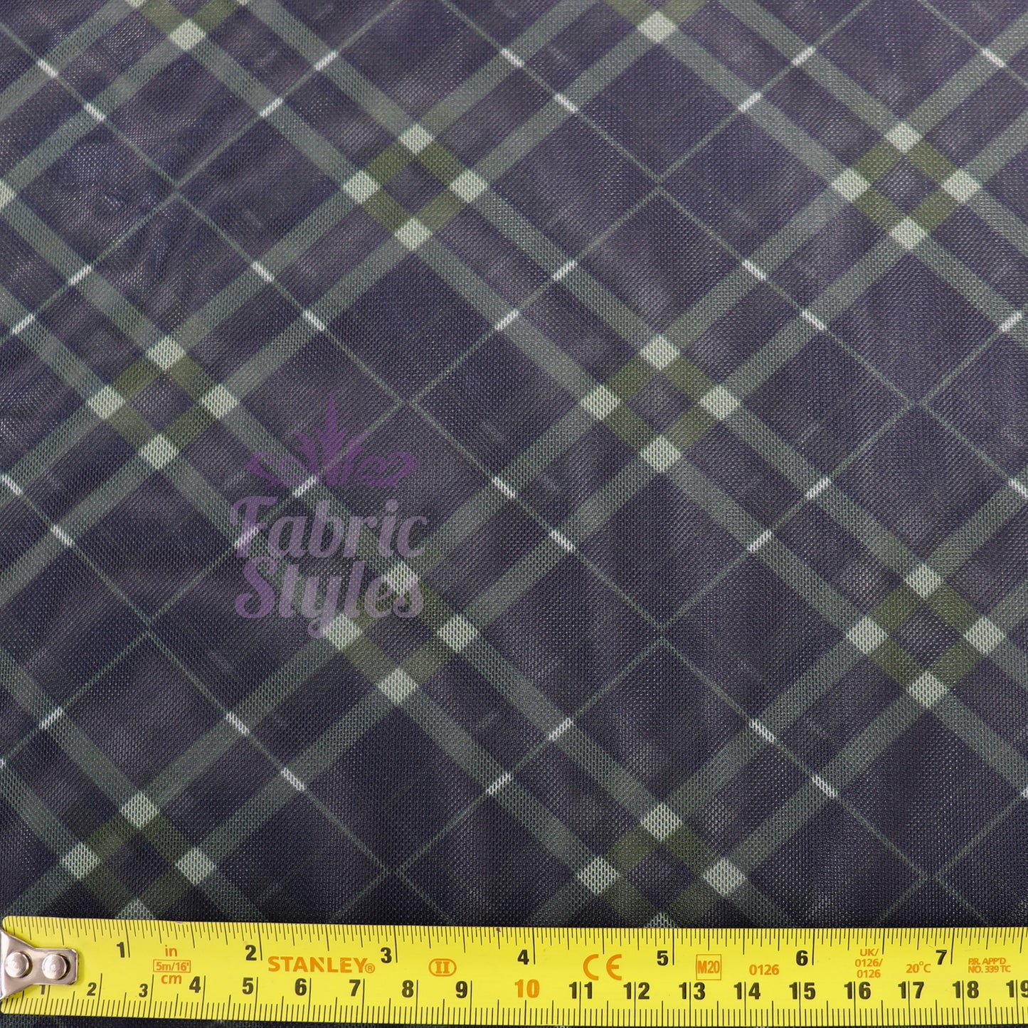 Navy Khaki Tartan Power Mesh Fabric