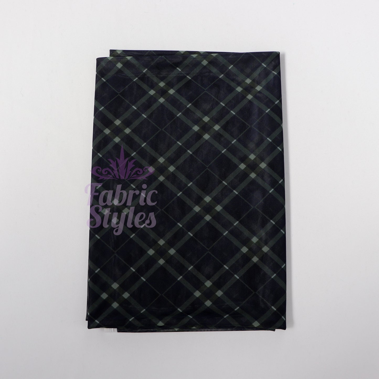 Navy Khaki Tartan Power Mesh Fabric