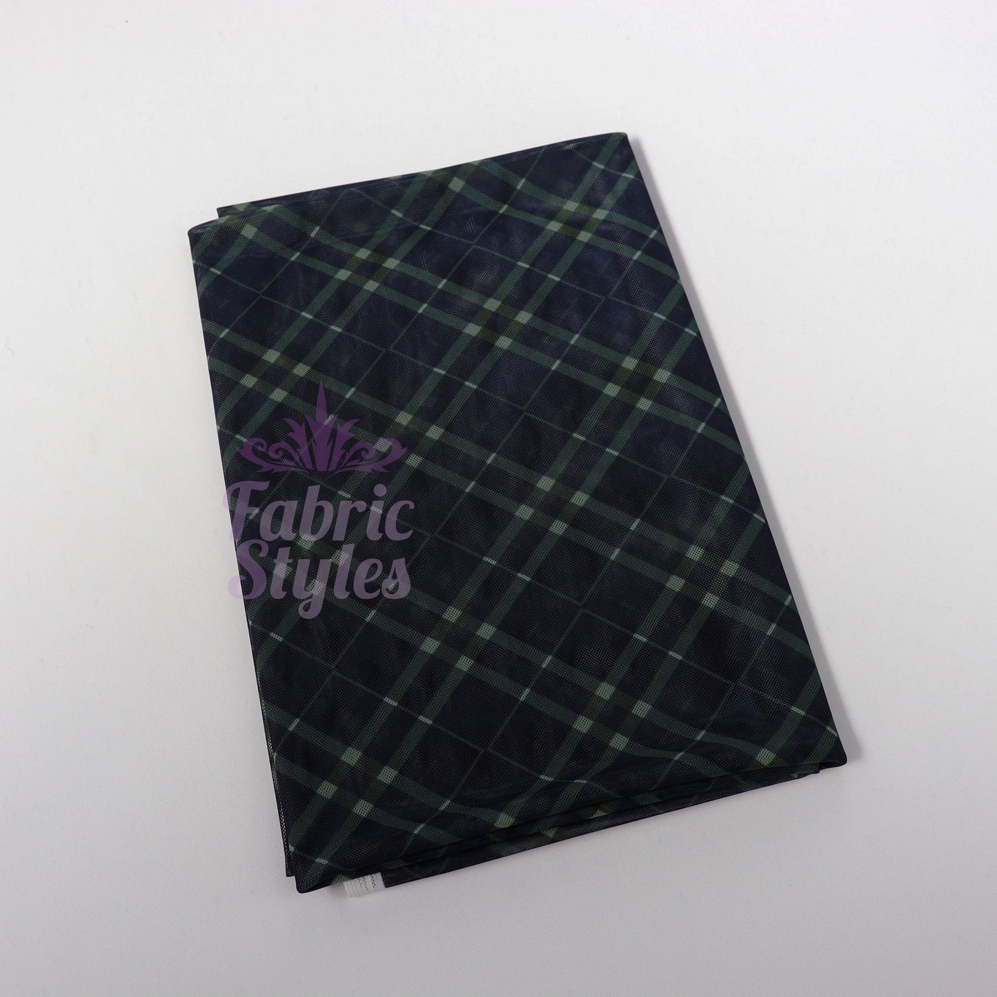 Navy Khaki Tartan Power Mesh Fabric