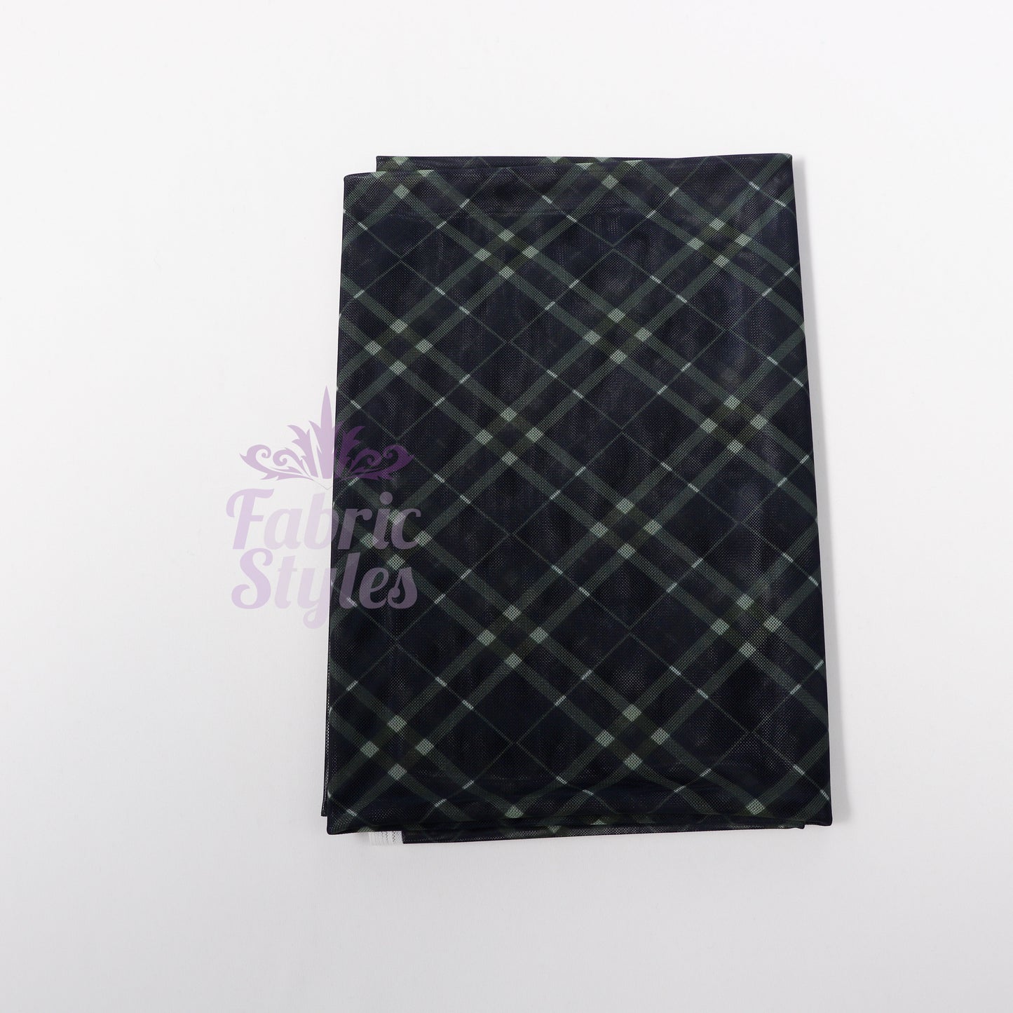 Navy Khaki Tartan Power Mesh Fabric