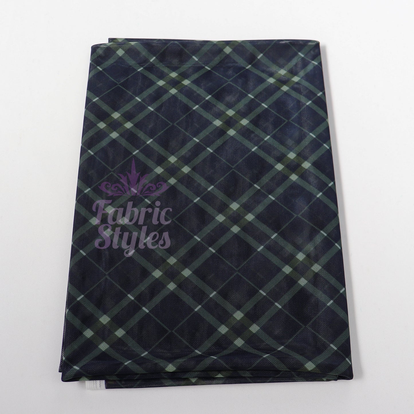 Navy Khaki Tartan Power Mesh Fabric