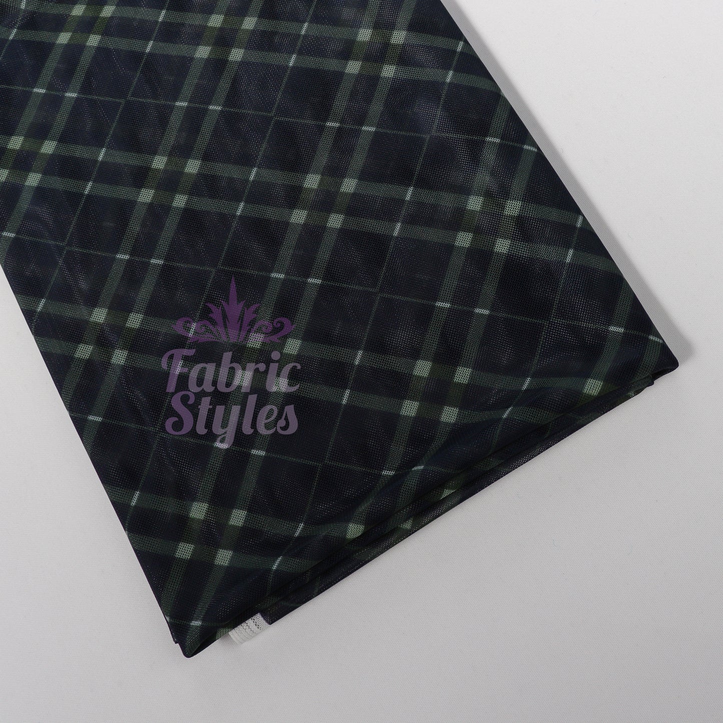 Navy Khaki Tartan Power Mesh Fabric