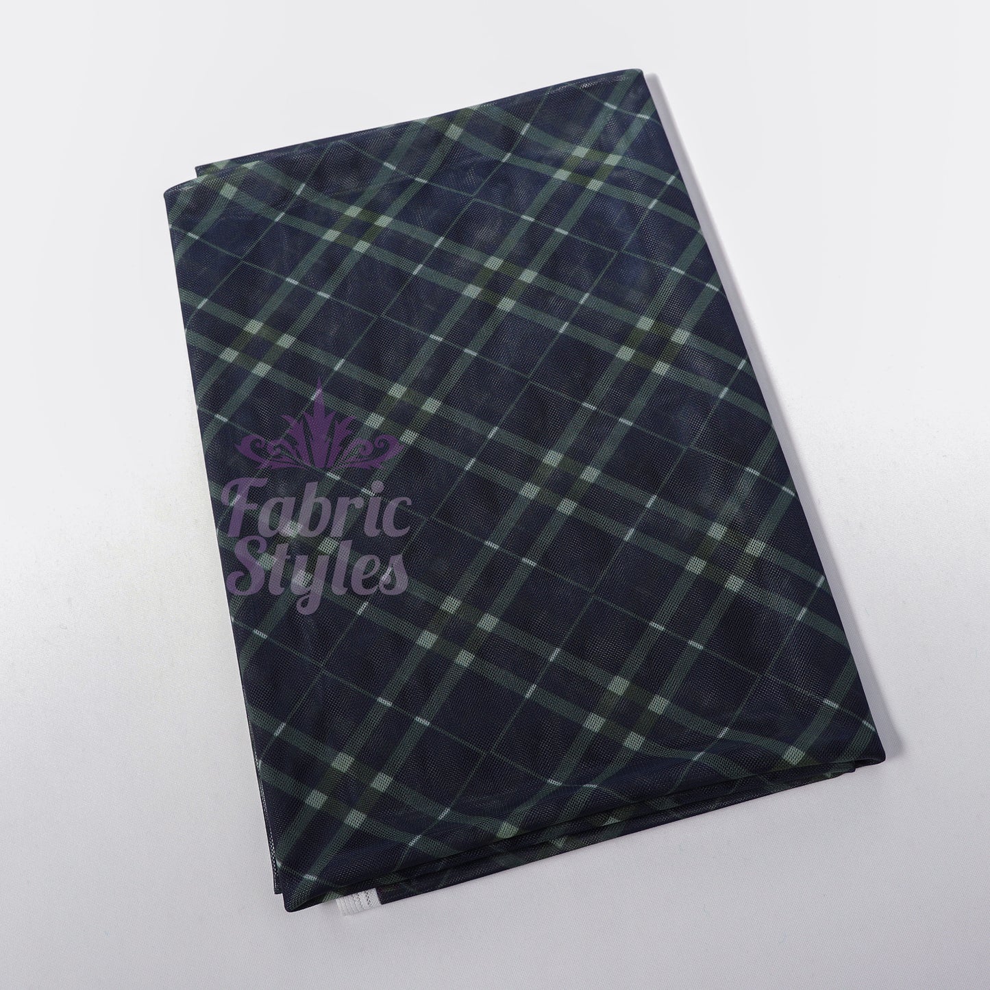 Navy Khaki Tartan Power Mesh Fabric