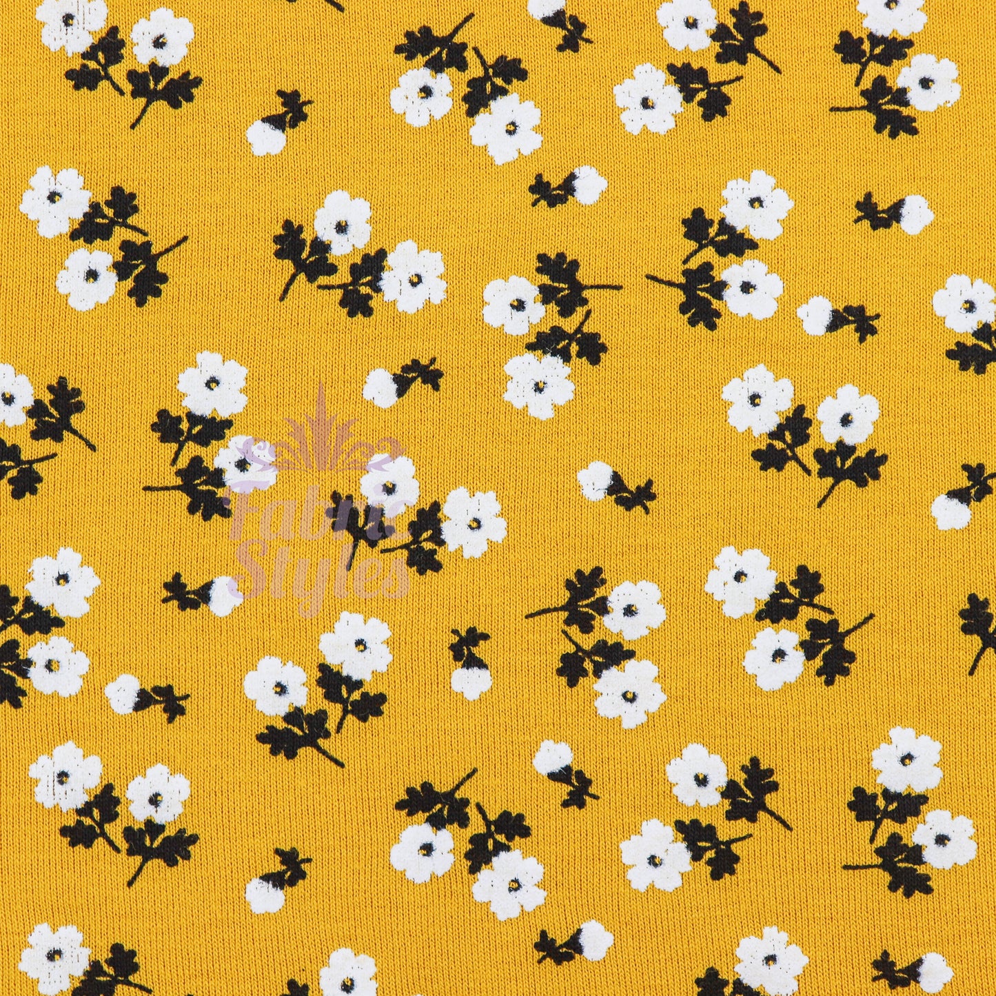 Mustard Ditsy Black White Floral Viscose Elastane Fabric