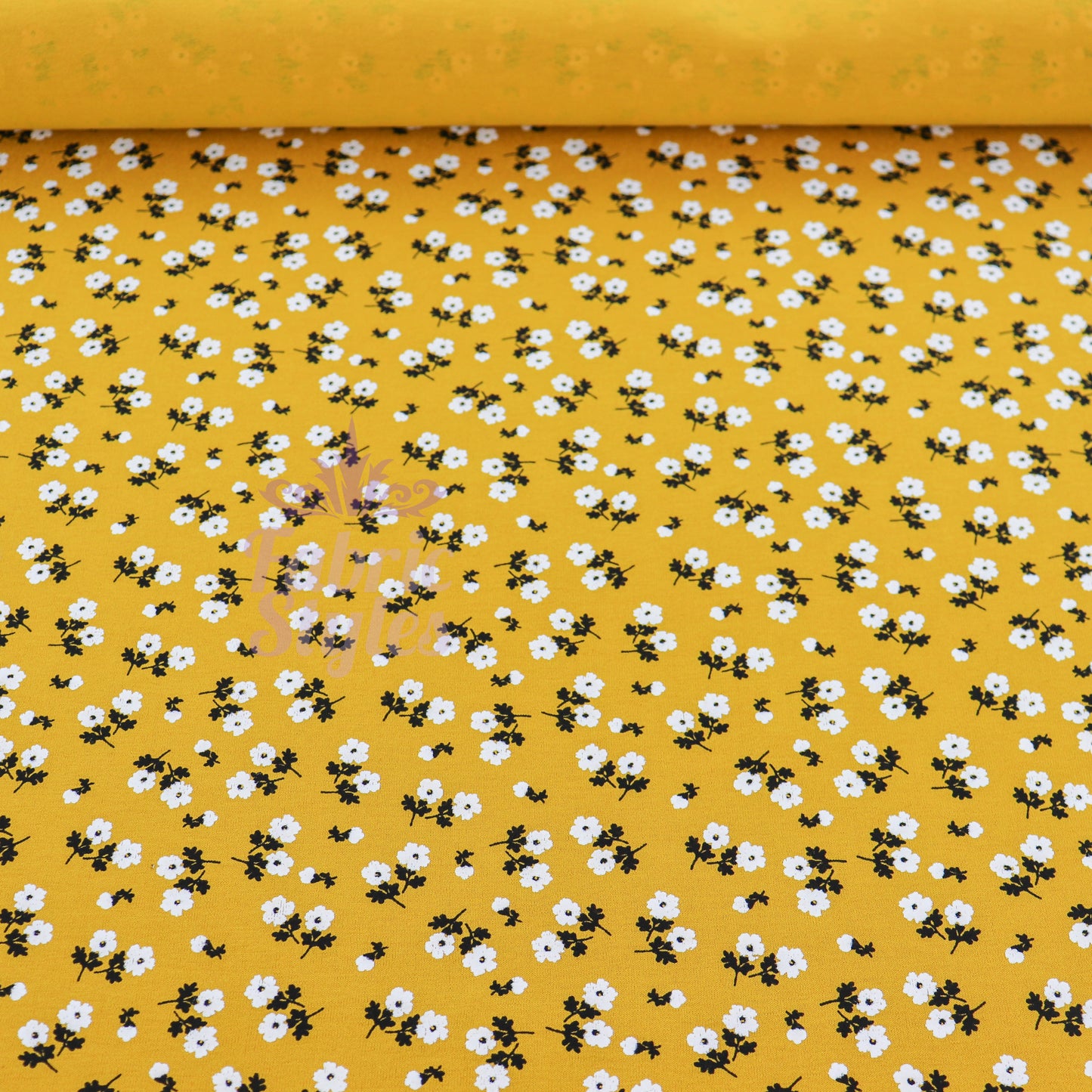 Mustard Ditsy Black White Floral Viscose Elastane Fabric